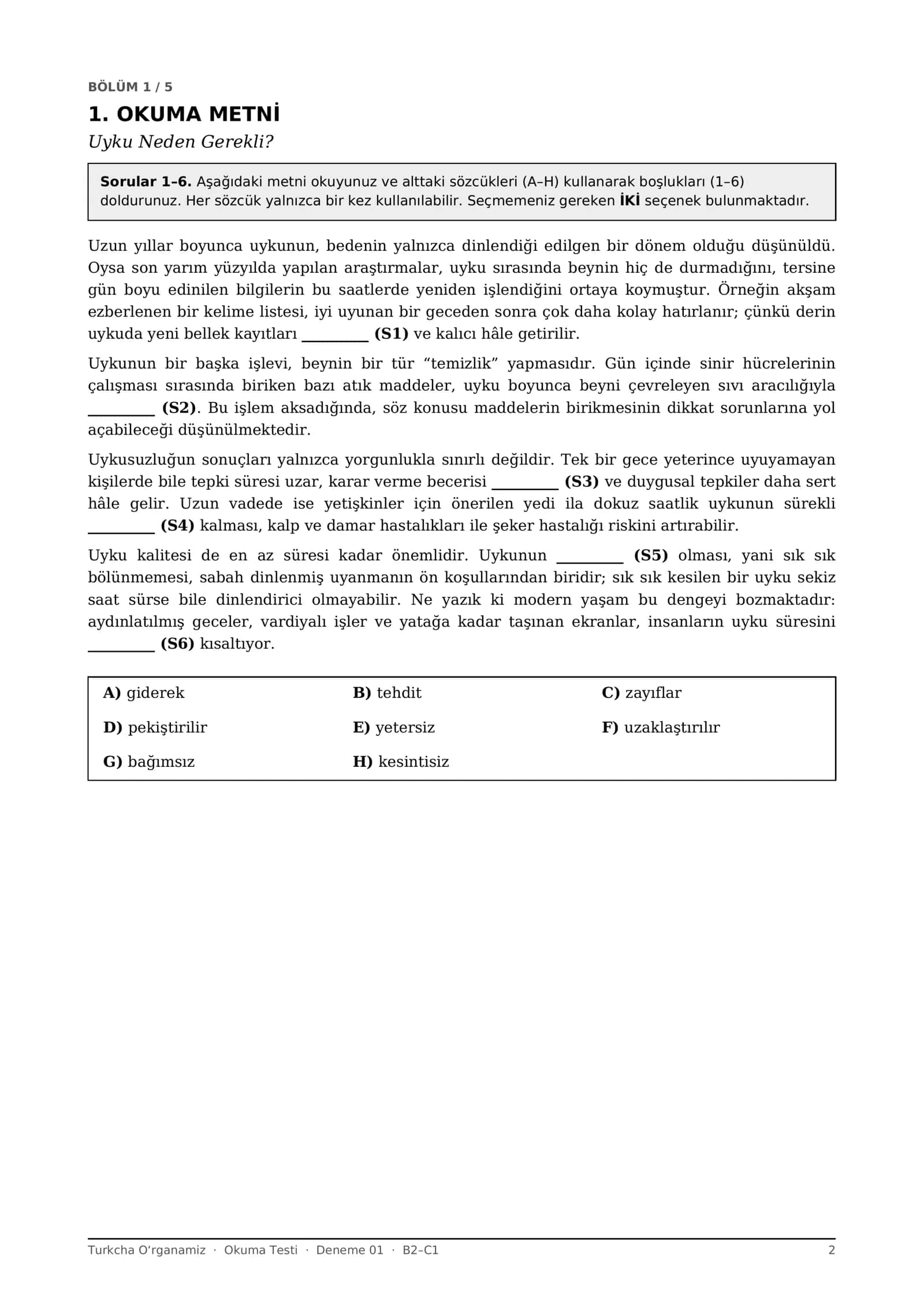 Turk tili Okuma testlari 01-05 deneme B2-C1 (Milliy sertifikat formati, javoblar bilan) 2