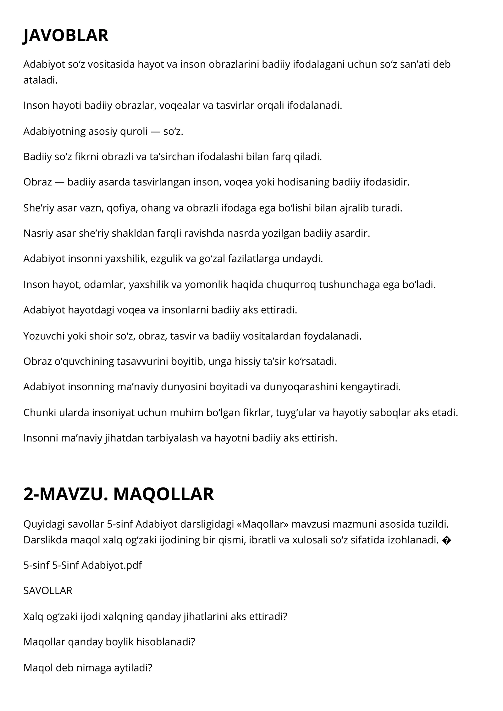 5-sinf Adabiyot fani darsligi bo'yicha Mavzulashtirilgan Testlar maktab o'quvchilari kasb hunar kollejlari va akademik litsey talabalari va abyuterentlar uchun mo'ljallangan 2