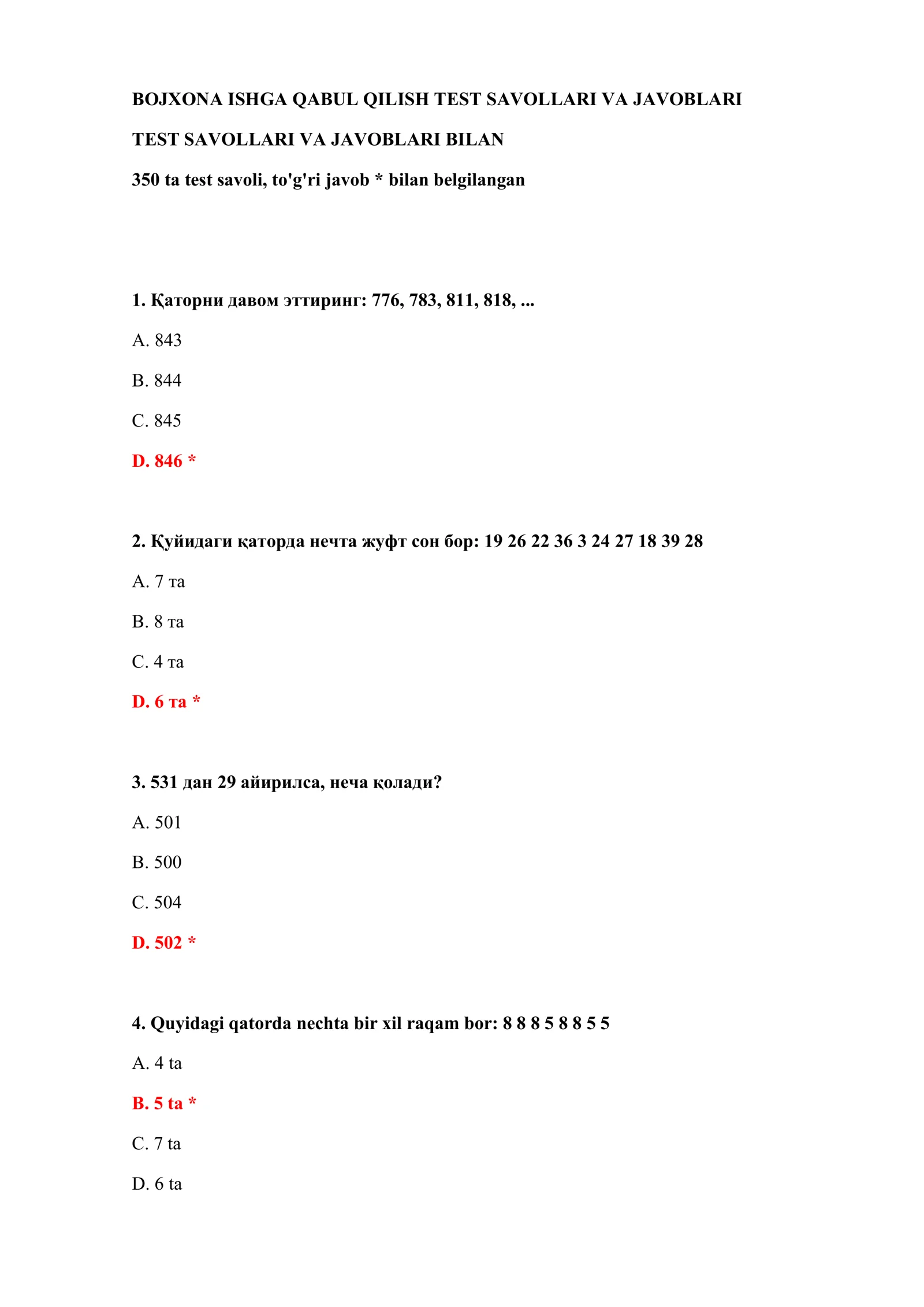 BOJXONA ISHGA QABUL QILISH TEST SAVOLLARI VA JAVOBLARI 2