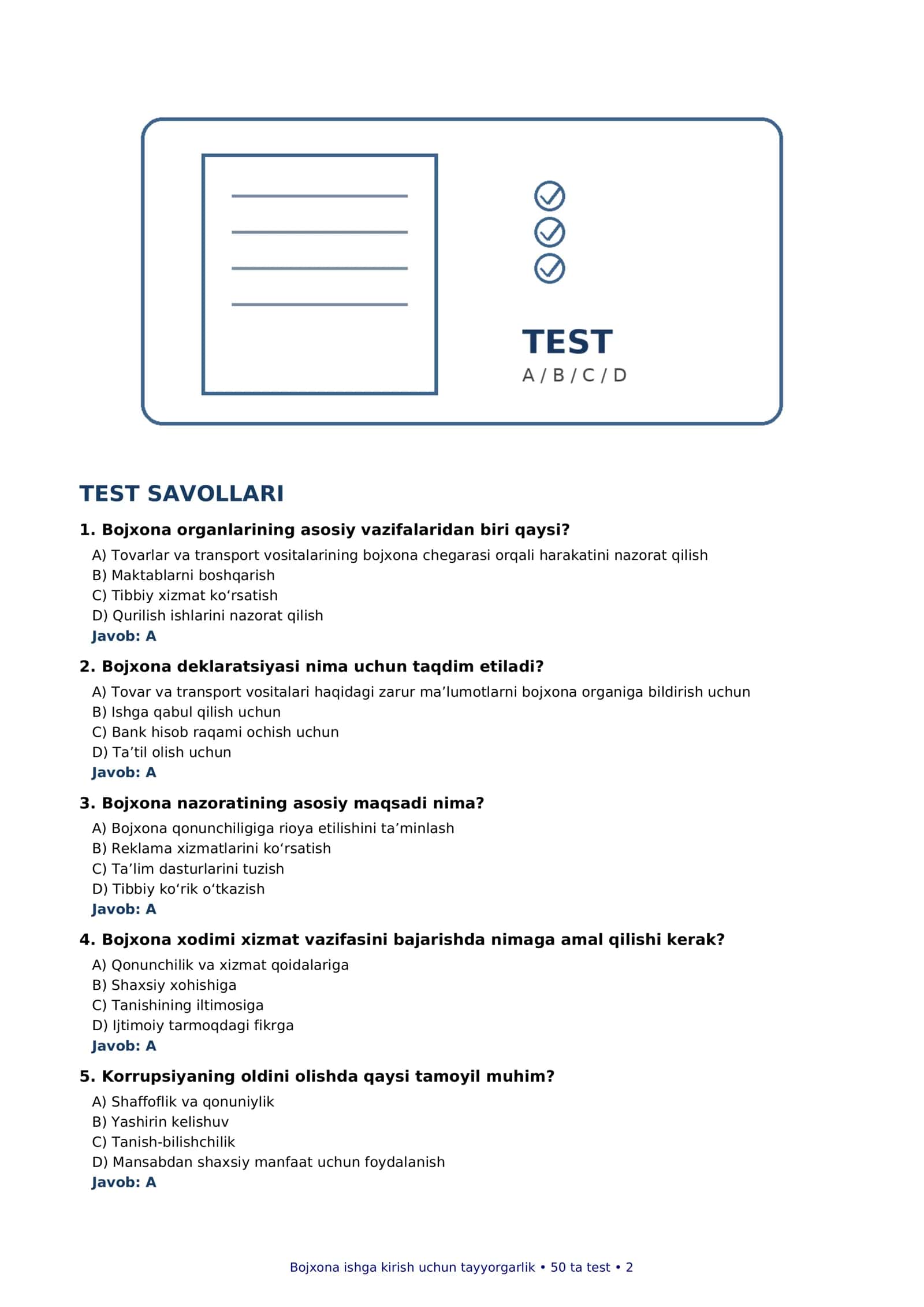 Bojxona qo‘mitasiga ishga kirish uchun  test savollari va javoblari 2