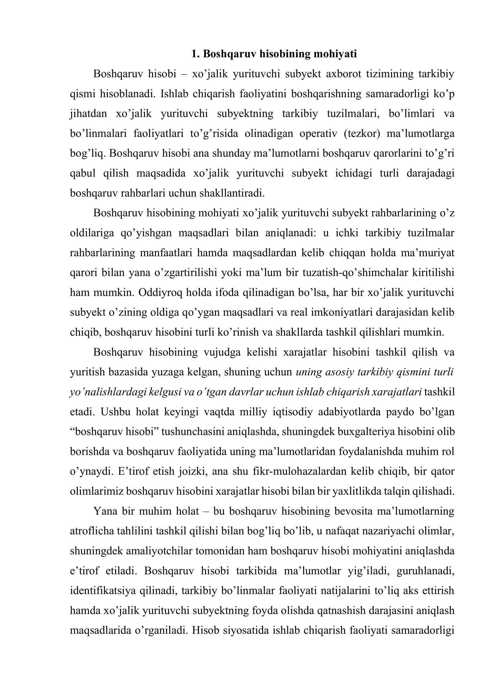 Boshqaruv hisobining mohiyati, predmeti, funksiyalari, metodlari, obyektlari, tamoyillari, hisob tizimi va tarkibiy qismlari 2