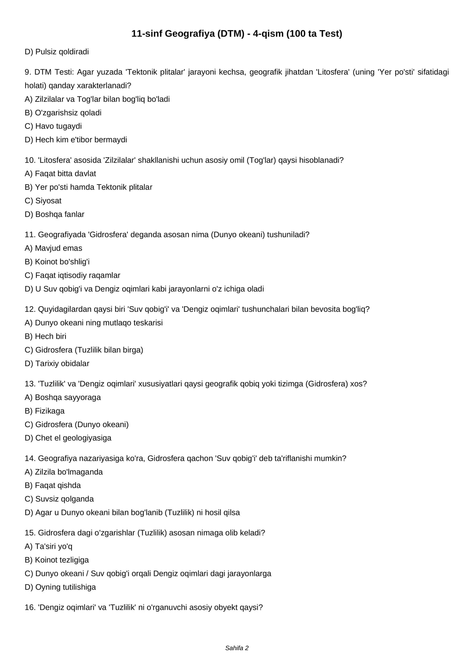 11-sinf Geografiya (DTM) - 4-qism (100 ta Test) 2