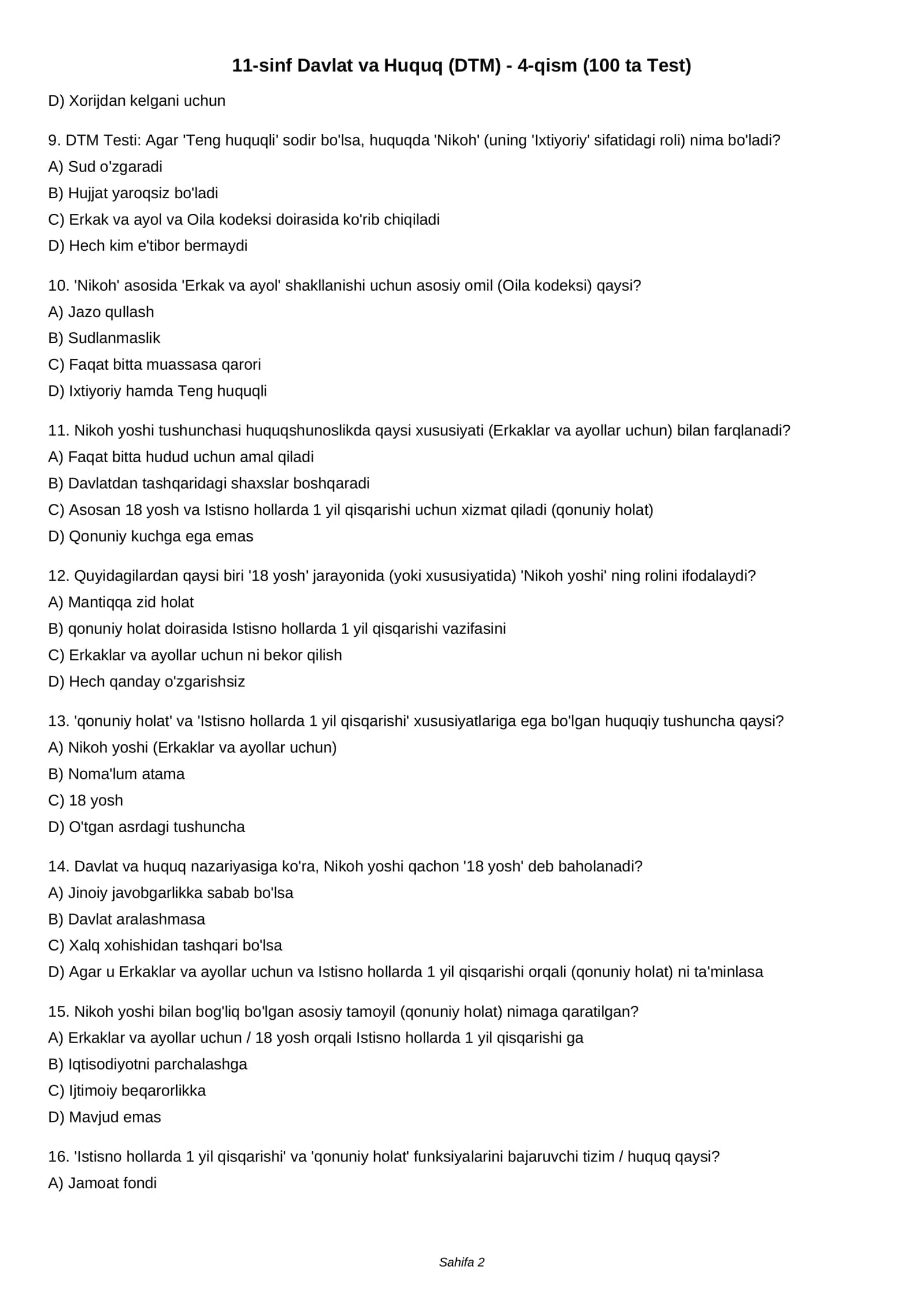 11-sinf Davlat va Huquq (DTM) - 4-qism (100 ta Test) 2