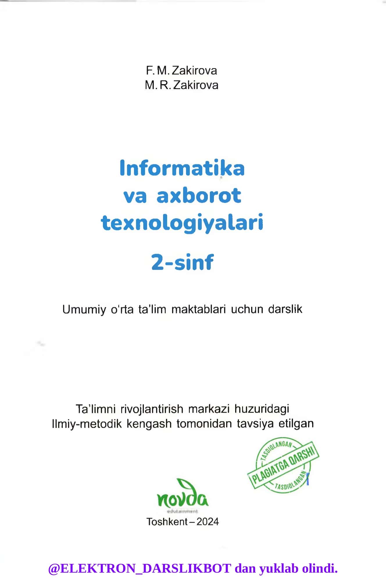 Informatika va axborot texnologiyalari. Umumiy o'rta ta’lim maktablarining 2-sinfi uchun darslik 2