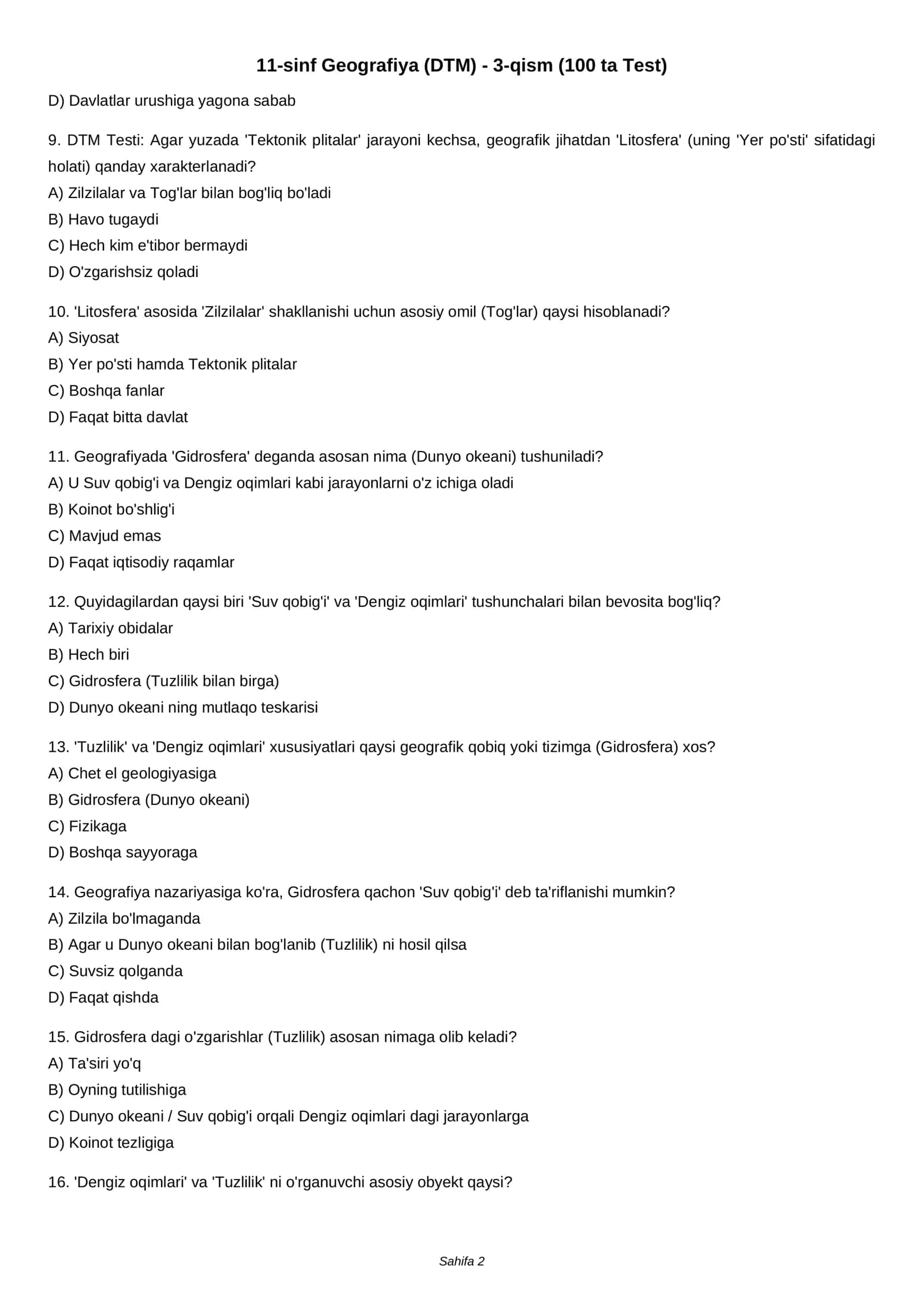 11-sinf Geografiya (DTM) - 3-qism (100 ta Test) 2