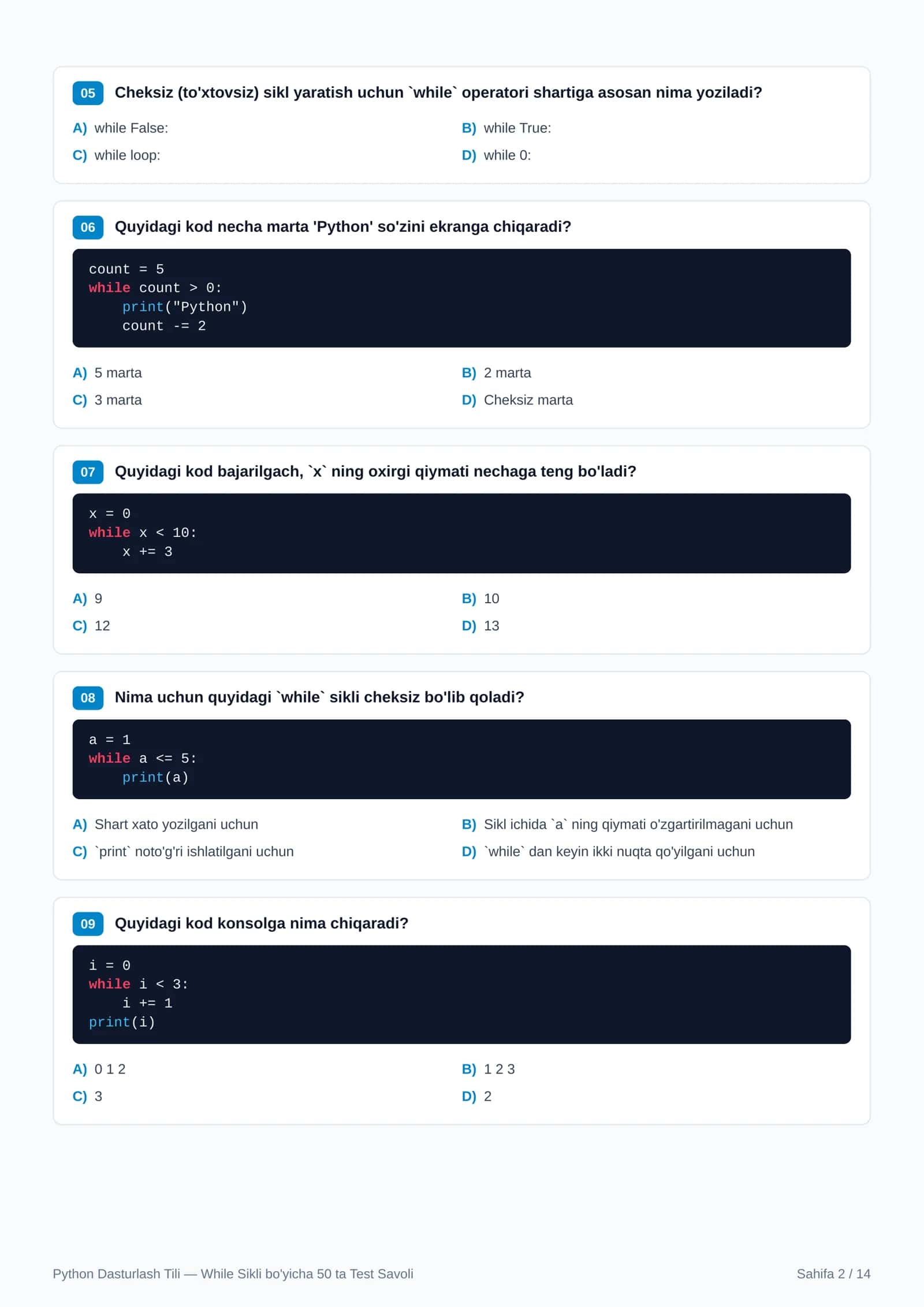 Python: While Sikli Bo'yicha Mukammal Test (50 ta savol) 2