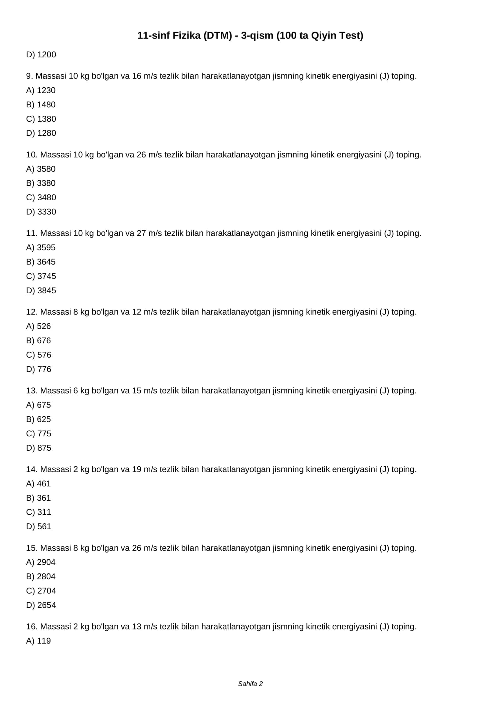 11-sinf Fizika (DTM) - 3-qism (100 ta Qiyin Test) 2