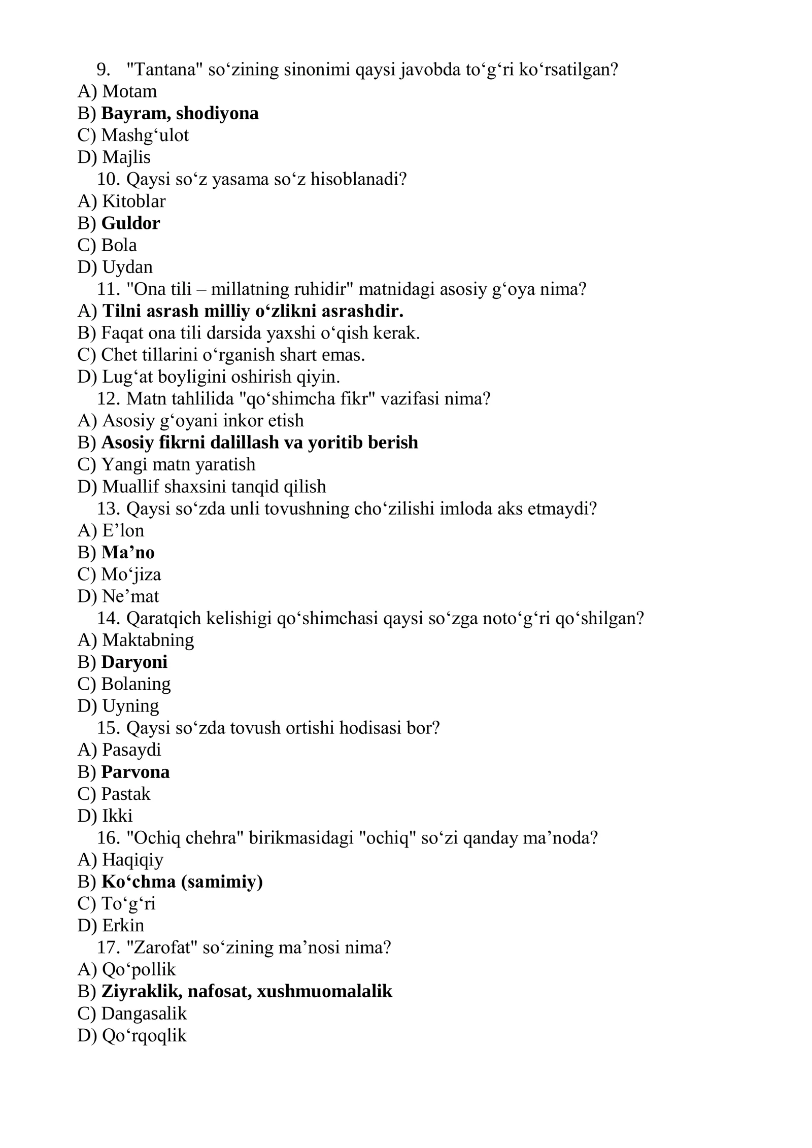 Ijod maktablariga kiruvchilar uchun tayyorgarlik test variantlari (Javoblari bilan) 2