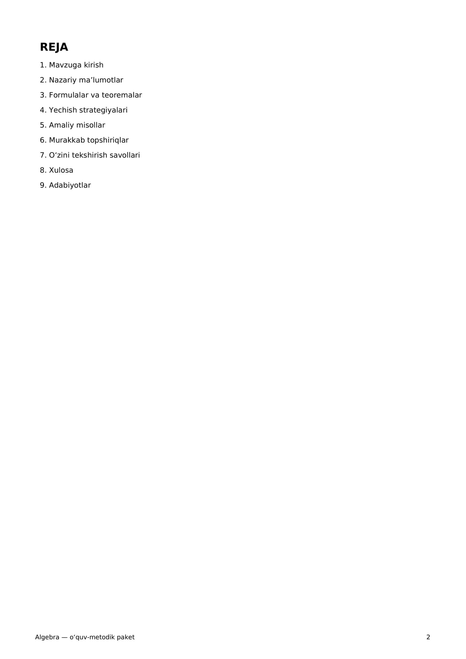 Algebra — o‘quv-metodik paket 2