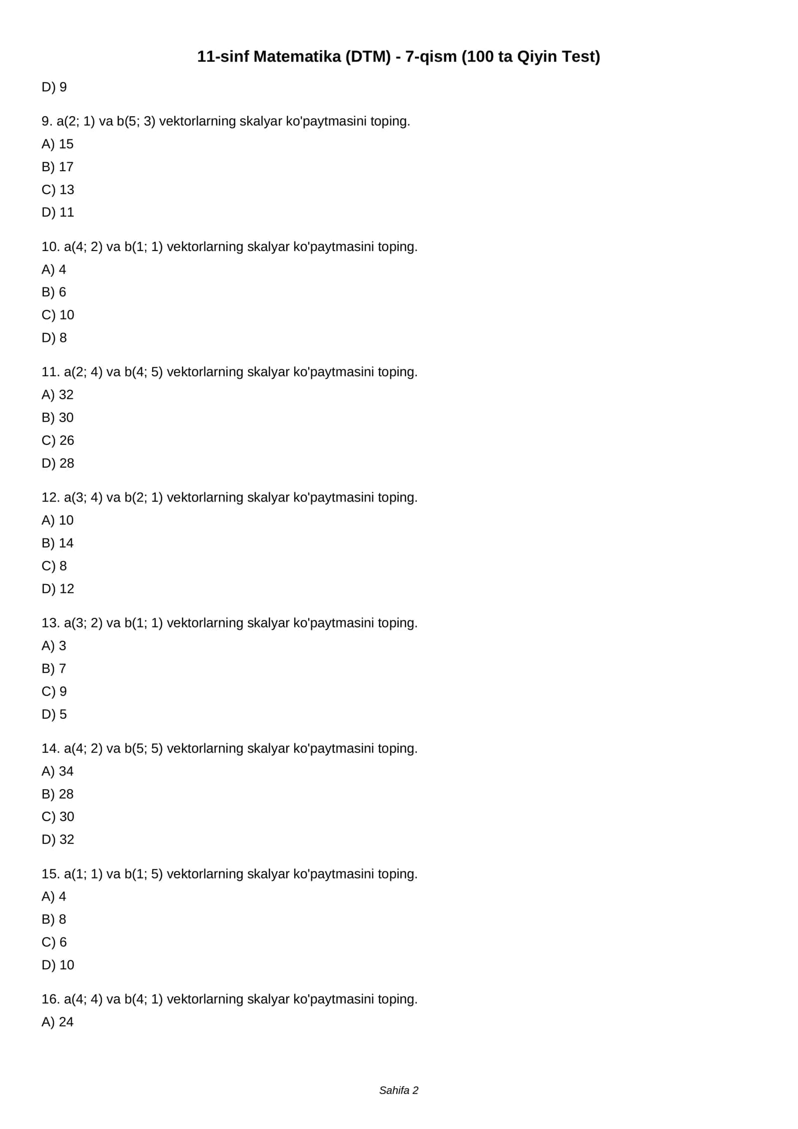 11-sinf Matematika (DTM) - 7-qism (100 ta Qiyin Test) 2