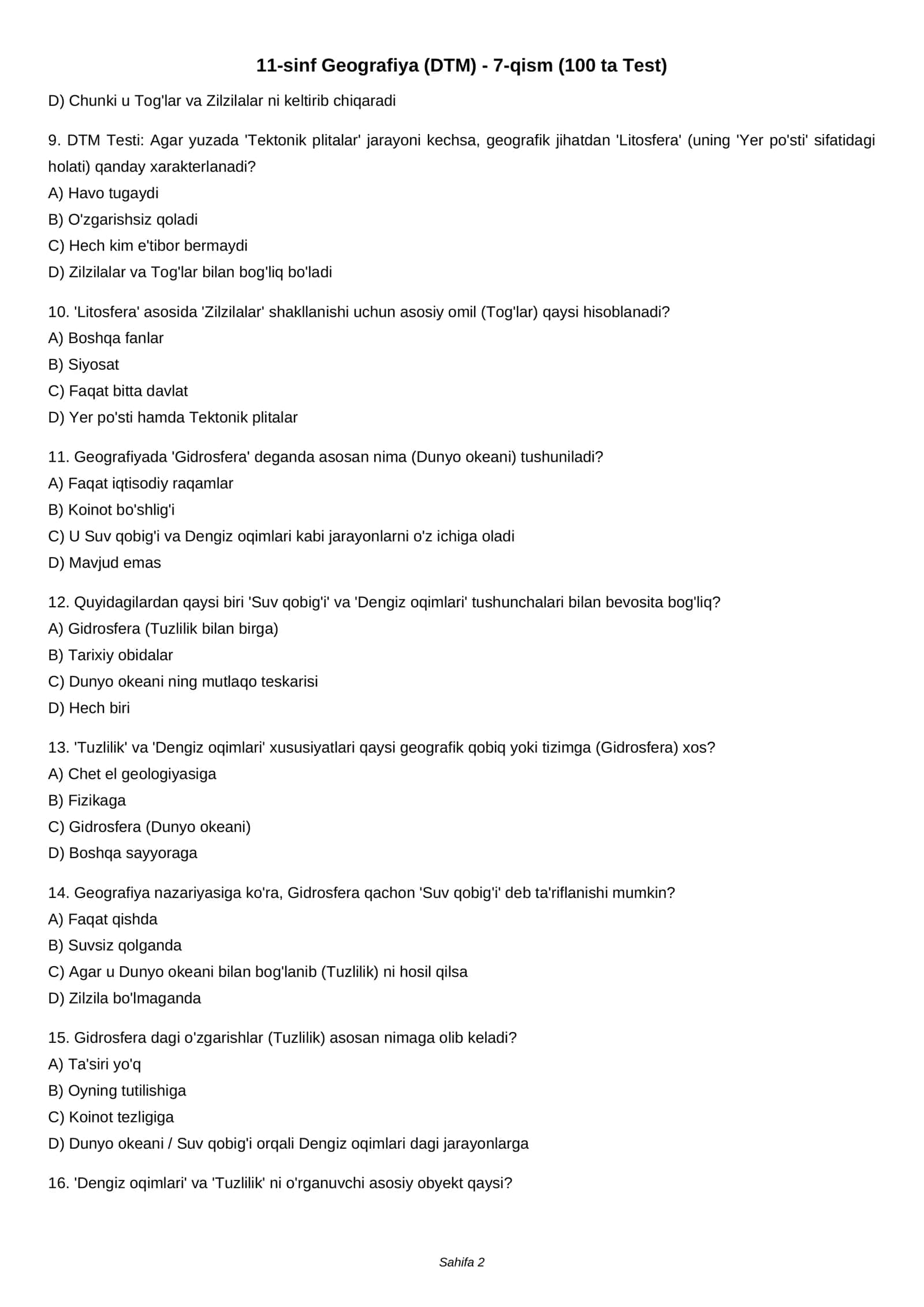 11-sinf Geografiya (DTM) - 7-qism (100 ta Test) 2