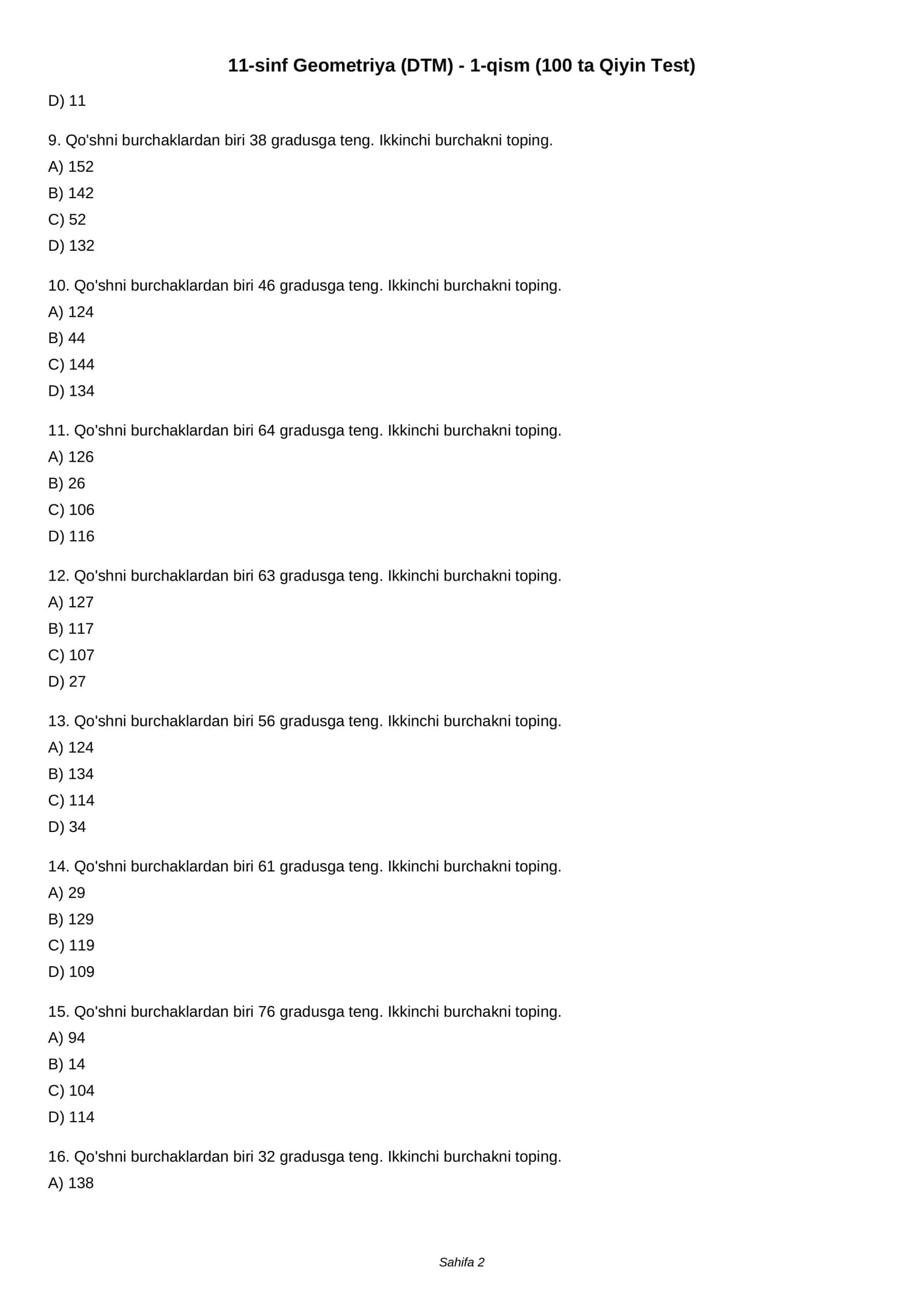 11-sinf Geometriya (DTM) - 1-qism (100 ta Qiyin Test) 2