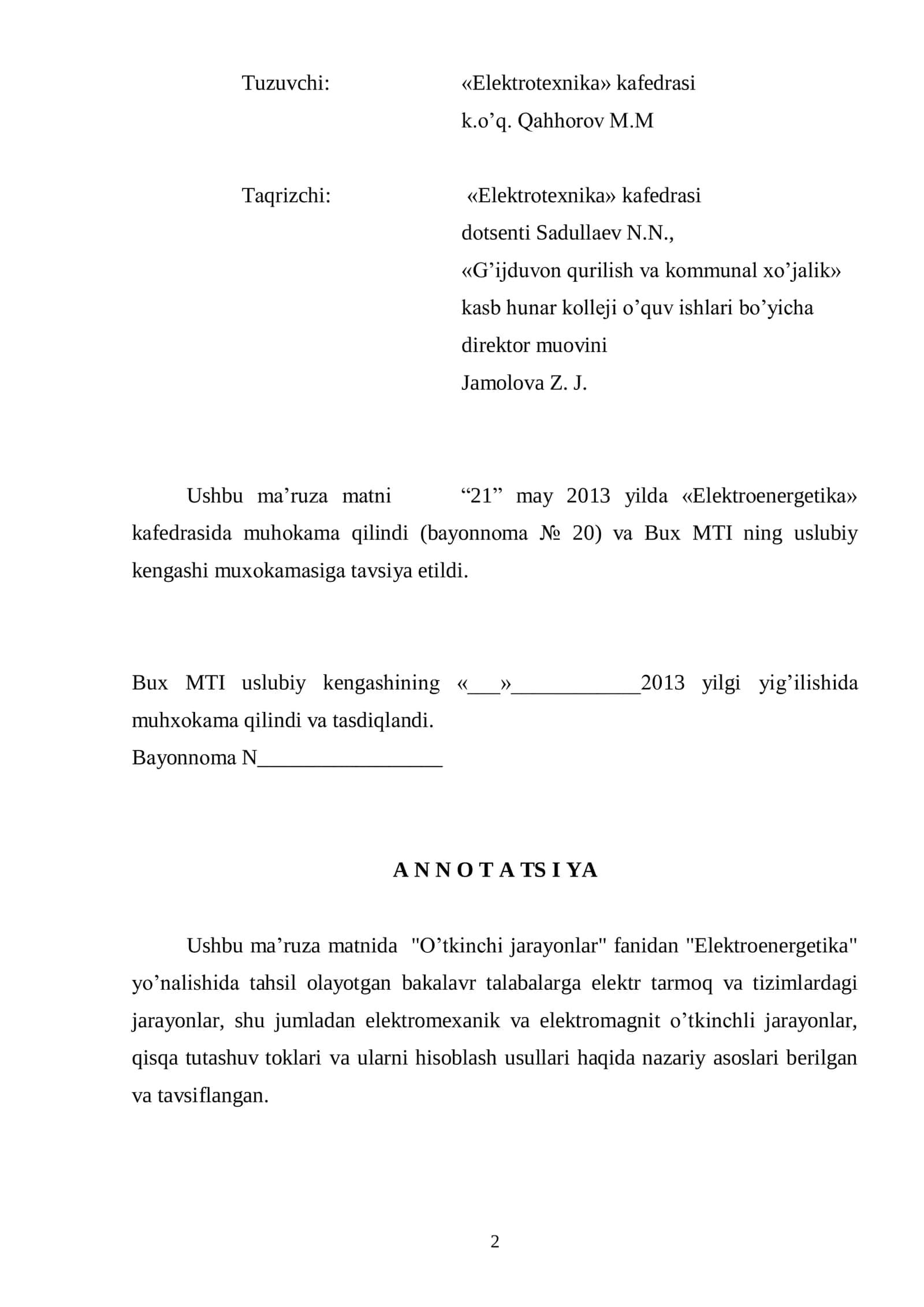 O’tkinchi jarayonlar - Elektroenergetika 2