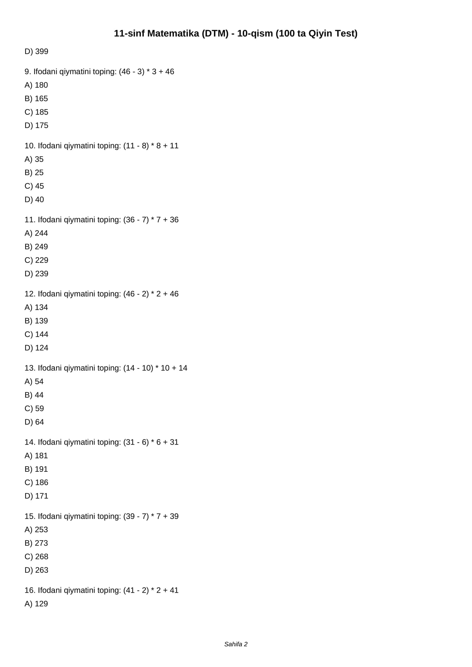 11-sinf Matematika (DTM) - 10-qism (100 ta Qiyin Test) 2