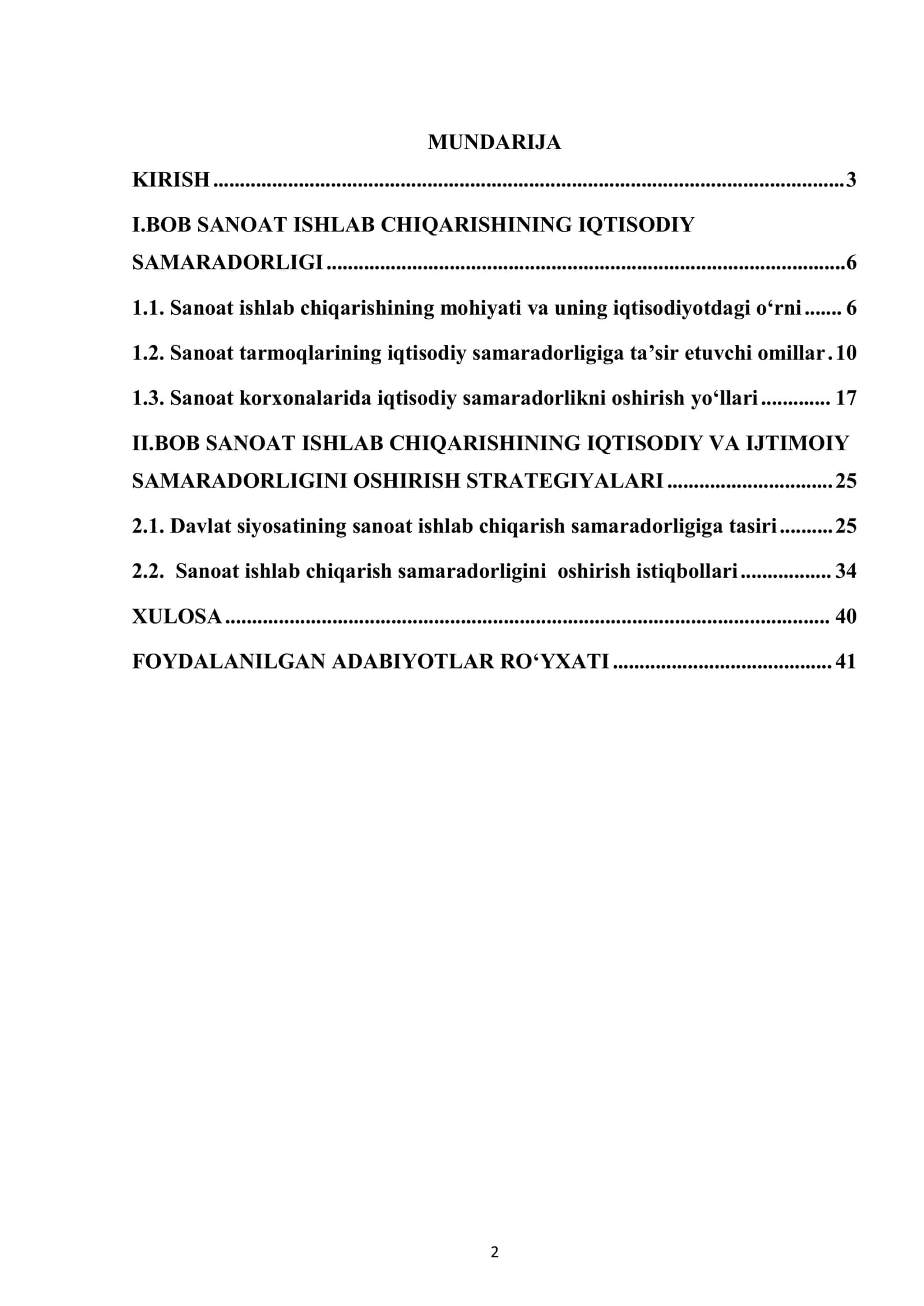 SANOAT ISHLAB CHIQARISHINING IQTISODIY VA IJTIMOIY SAMARADORLIGI KURS ISHI 2