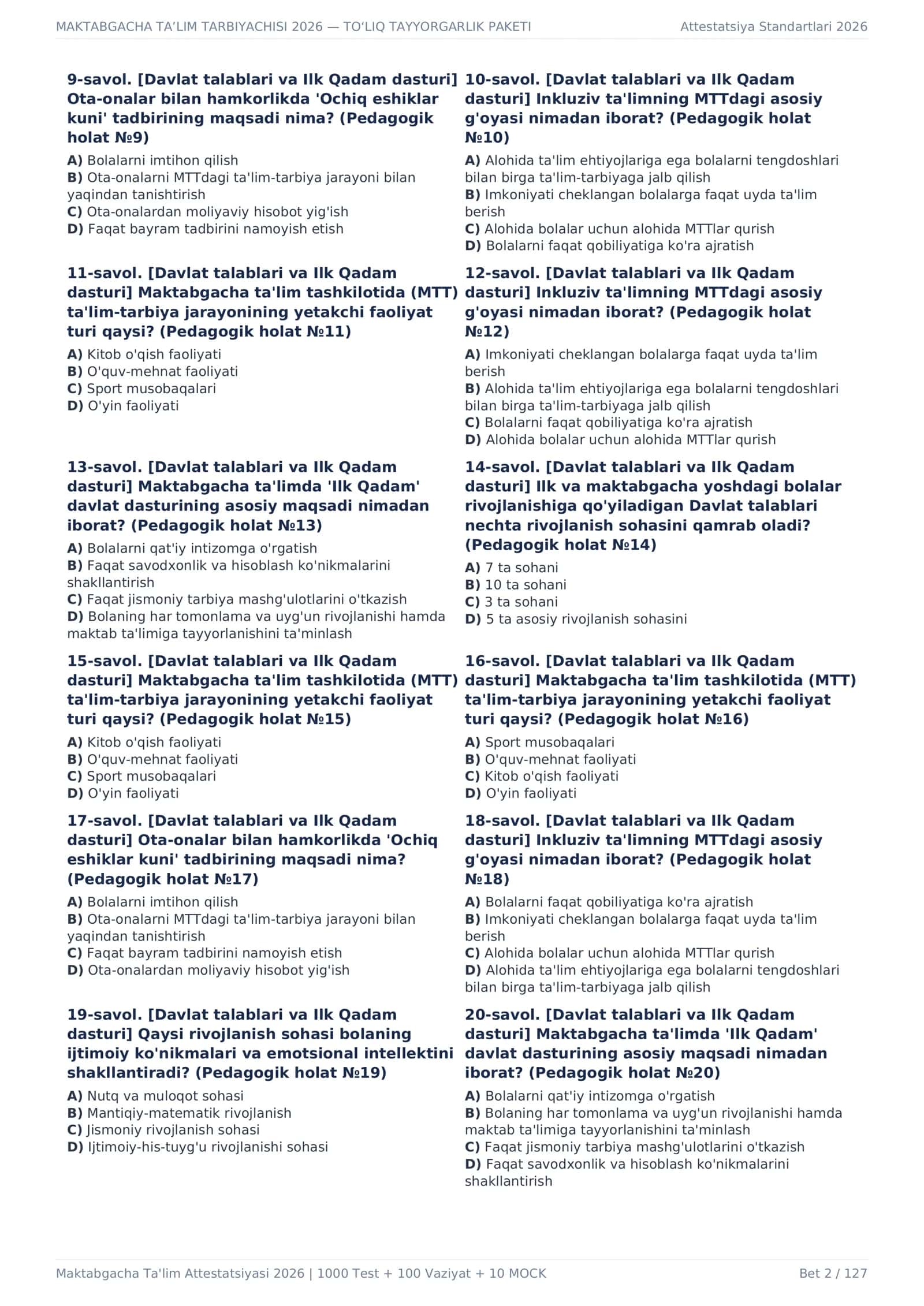 MAKTABGACHA TA’LIM TARBIYACHISI 2026 — 1000 TEST + 100 VAZIYATLI SAVOL + 10 MOCK 2