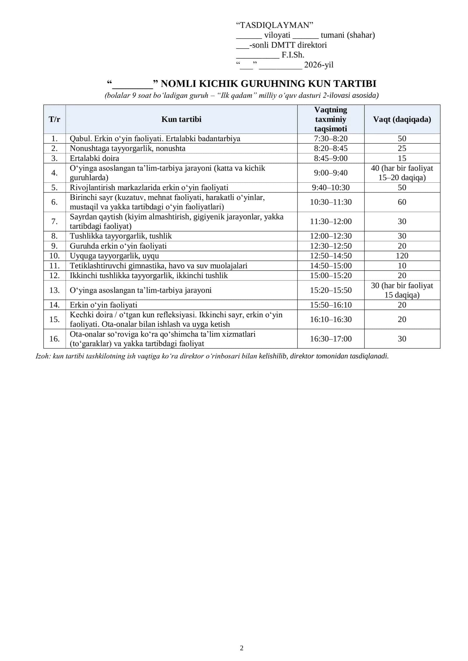 Tarbiyachining 05-02 ish jurnali (ish rejasi) to'ldirilgan xolati 1 yillik (kichik gurux) 2026-2027 yil 2