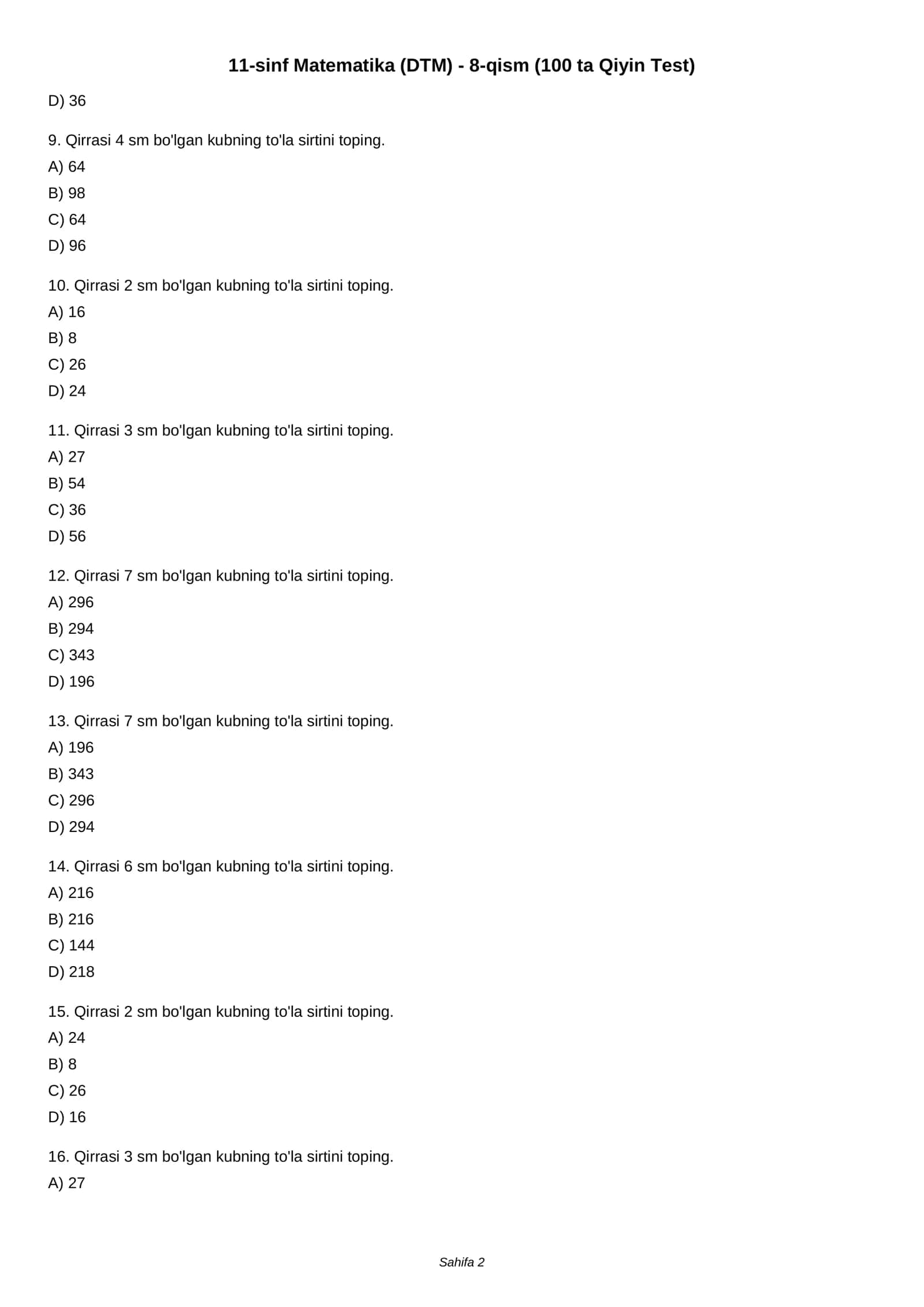 11-sinf Matematika (DTM) - 8-qism (100 ta Qiyin Test) 2