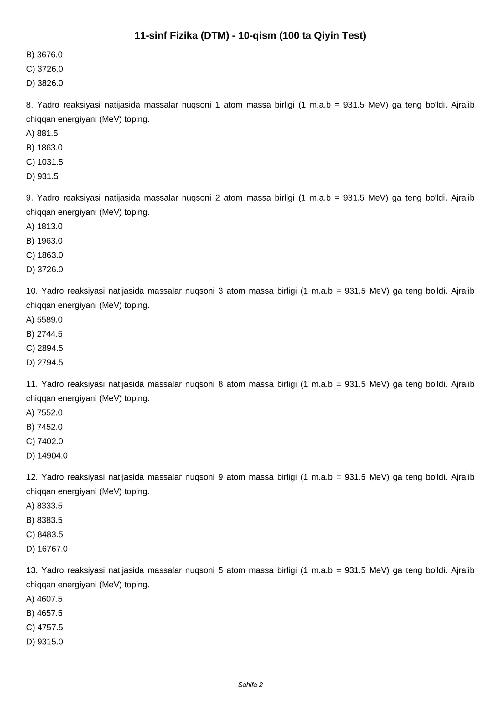 11-sinf Fizika (DTM) - 10-qism (100 ta Qiyin Test) 2