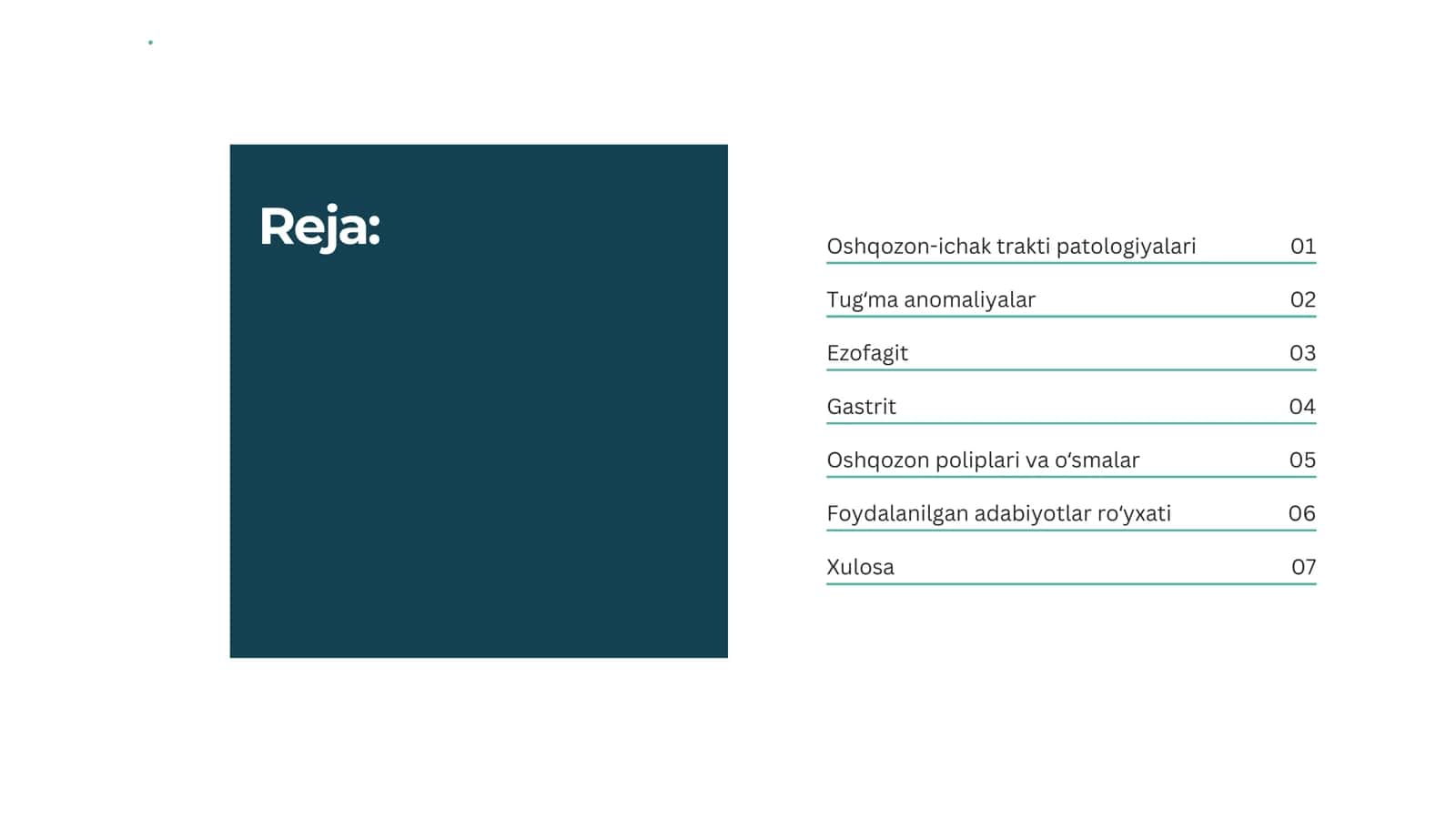 Oshqozon ichak tarkti patolohiyalari.Tug‘ma anomaliyalar. Ezofagit. O‘tkir va surunkali gastritlar. Oshqozon poliplari va o‘smalari 2
