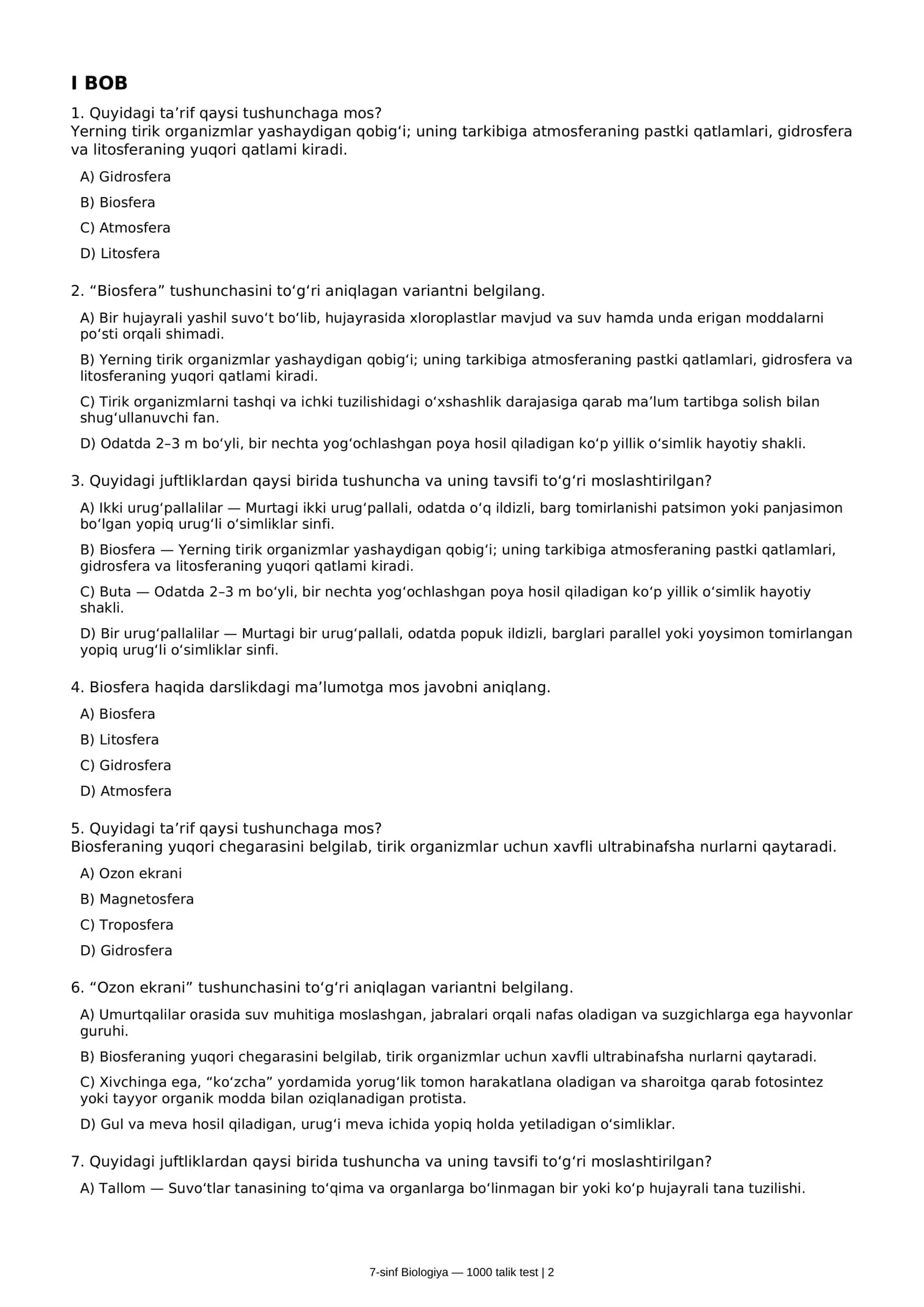 7-sinf Biologiya — 1000 talik test 2