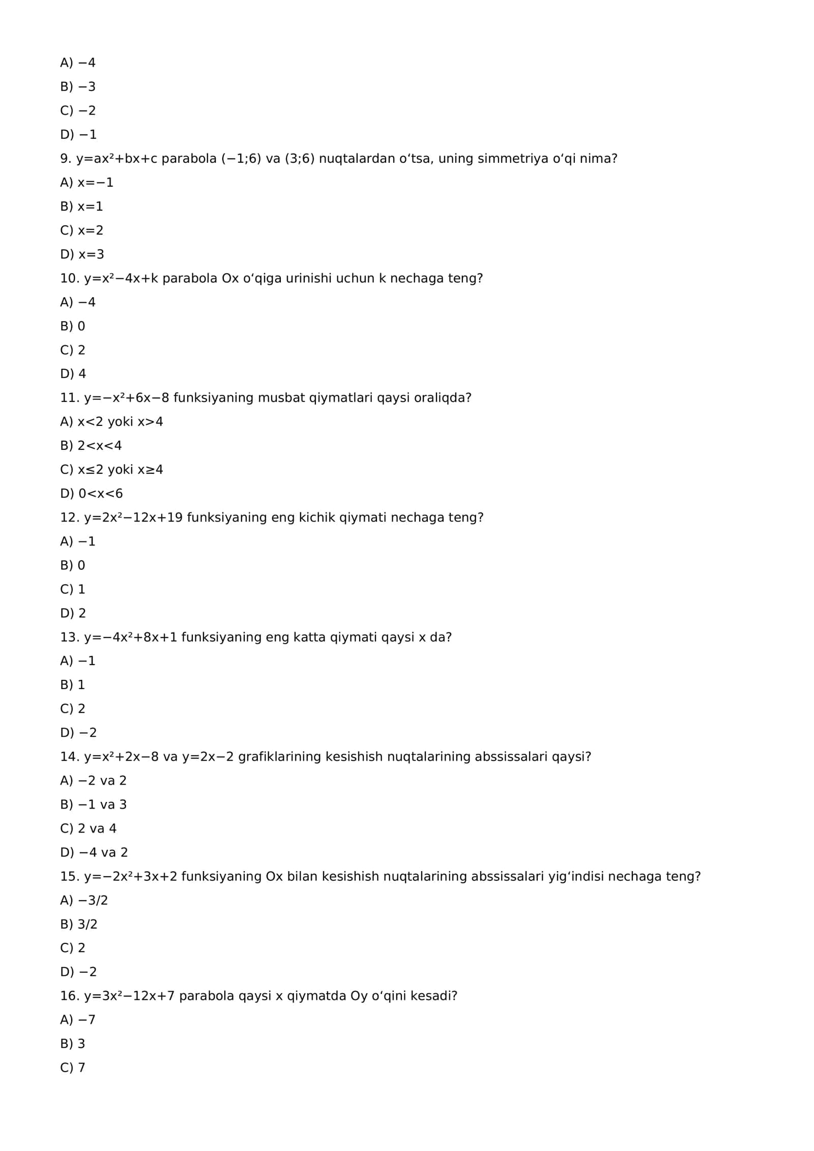 9-sinf Algebra — 200 ta murakkab test va javoblar 2