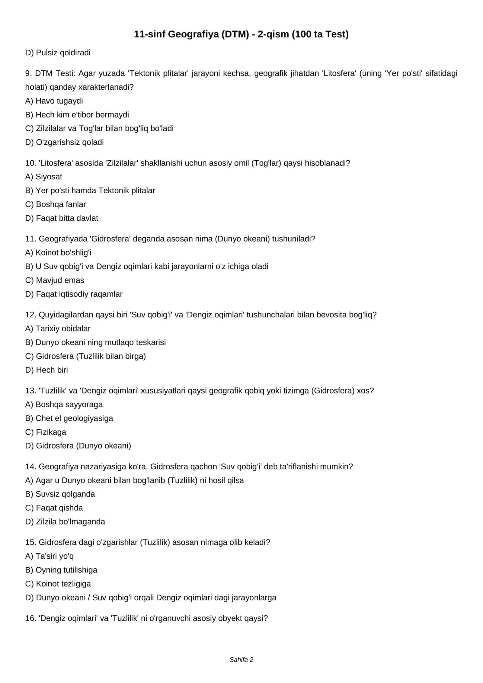 11-sinf Geografiya (DTM) - 2-qism (100 ta Test) 2