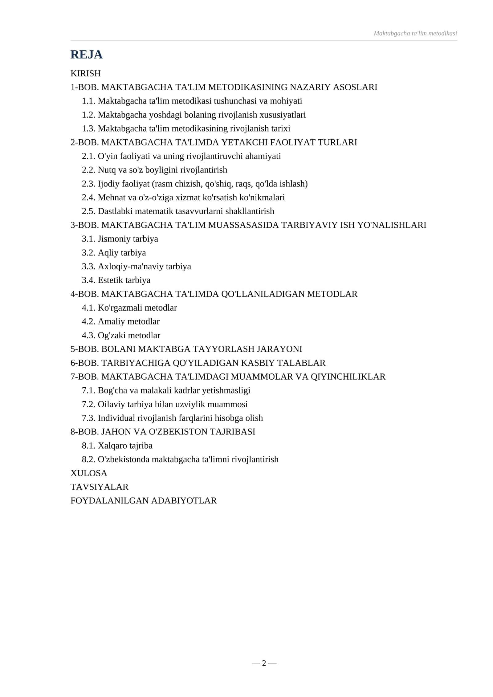 REFERAT
MAVZU MAKTABGACHA TA'LIM METODIKASI 2