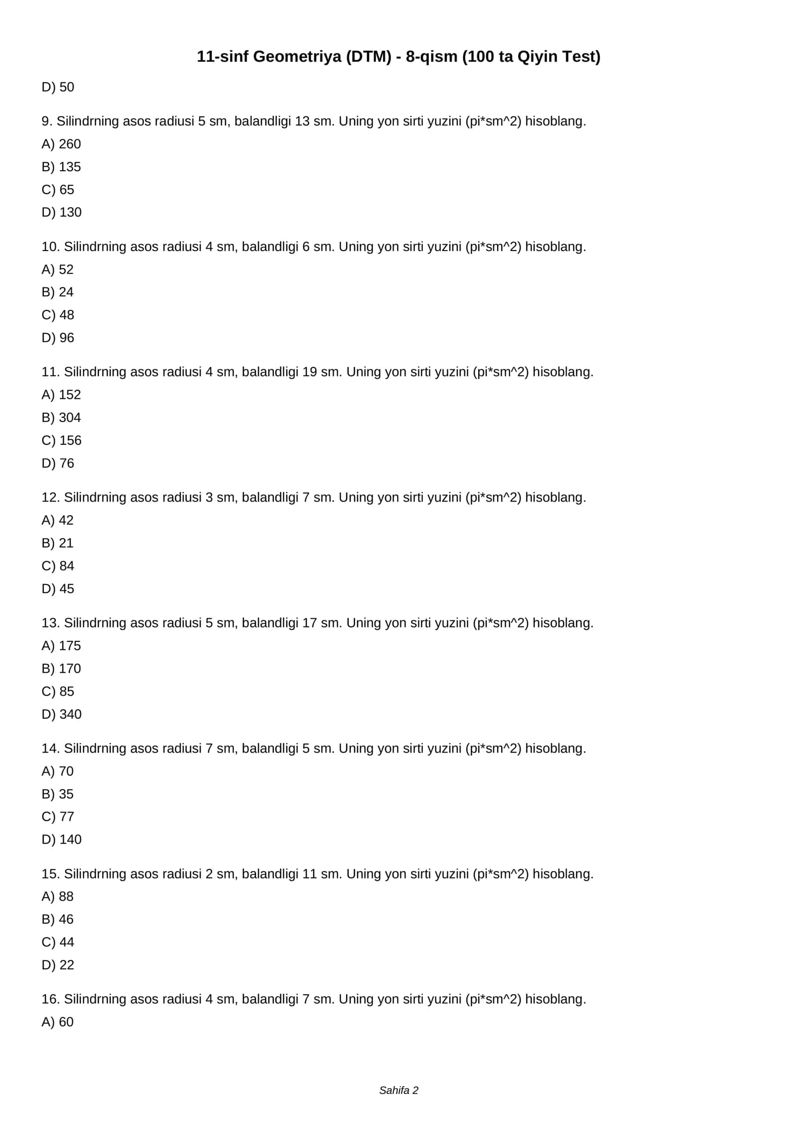 11-sinf Geometriya (DTM) - 8-qism (100 ta Qiyin Test) 2