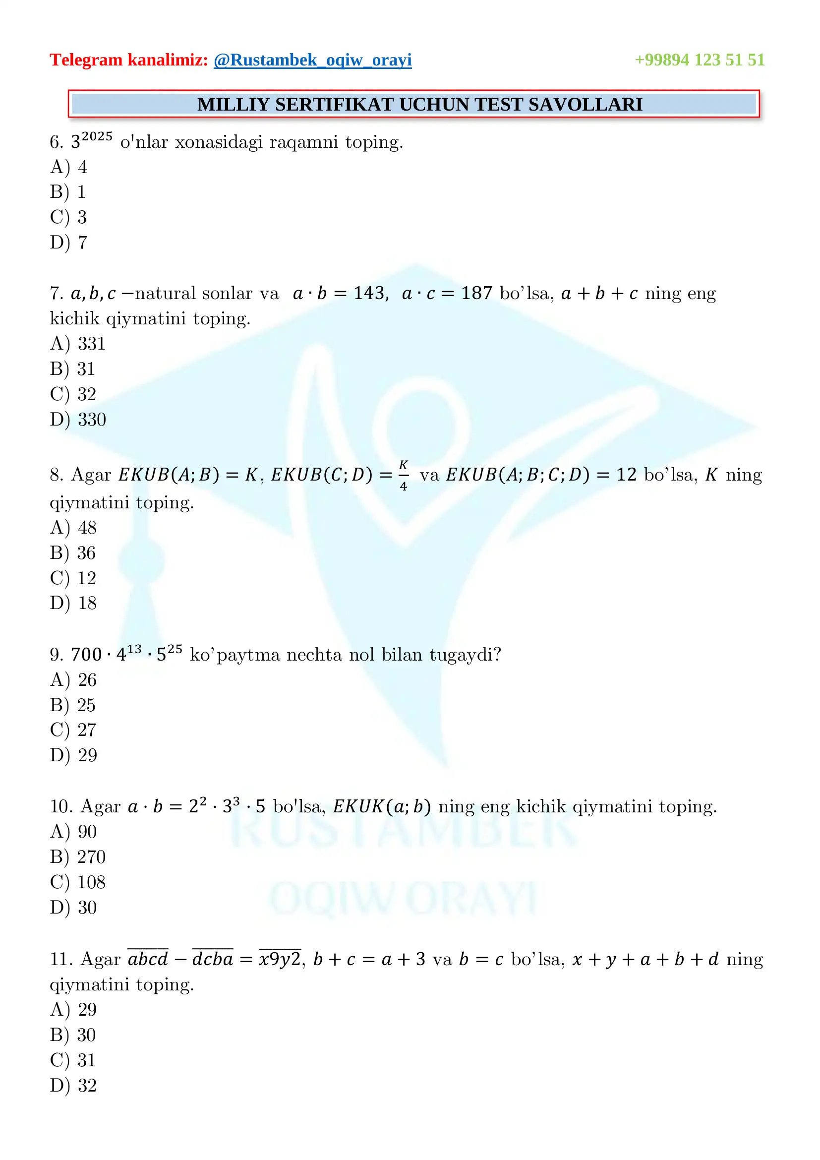 MILLIY SERTIFIKAT UCHUN TEST SAVOLLARI 2
