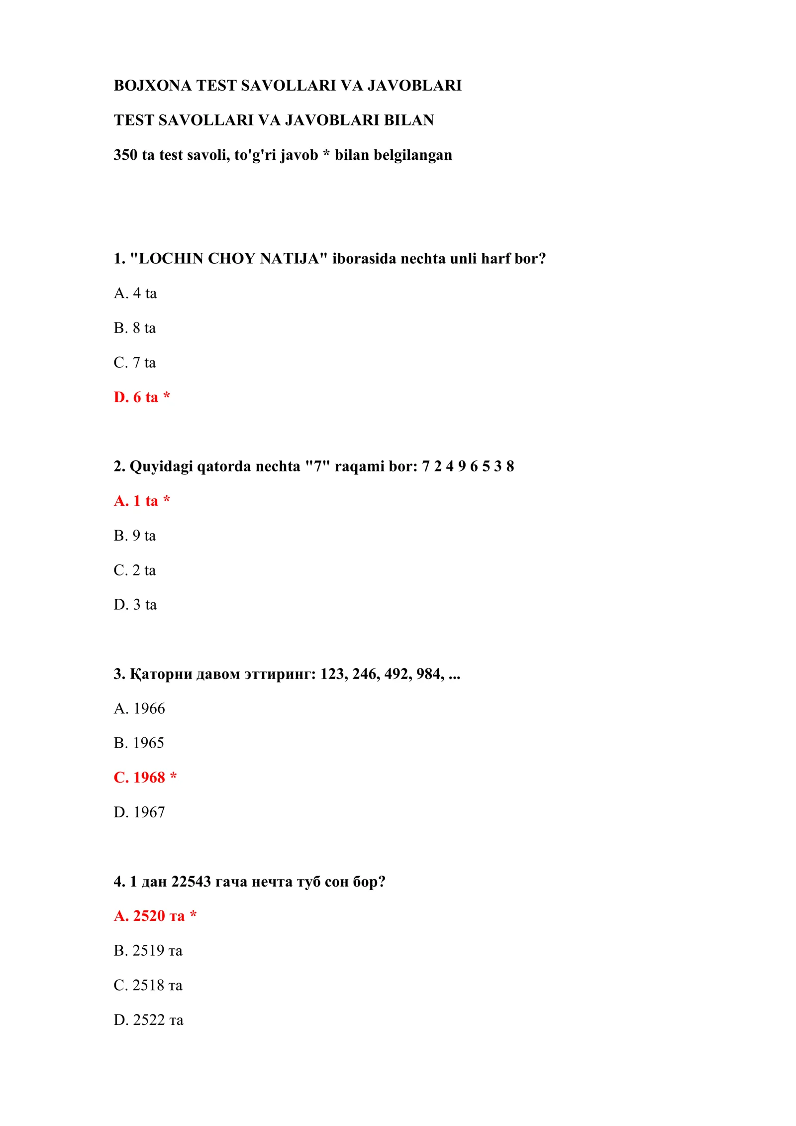 BOJXONA TEST SAVOLLARI VA JAVOBLARI 2