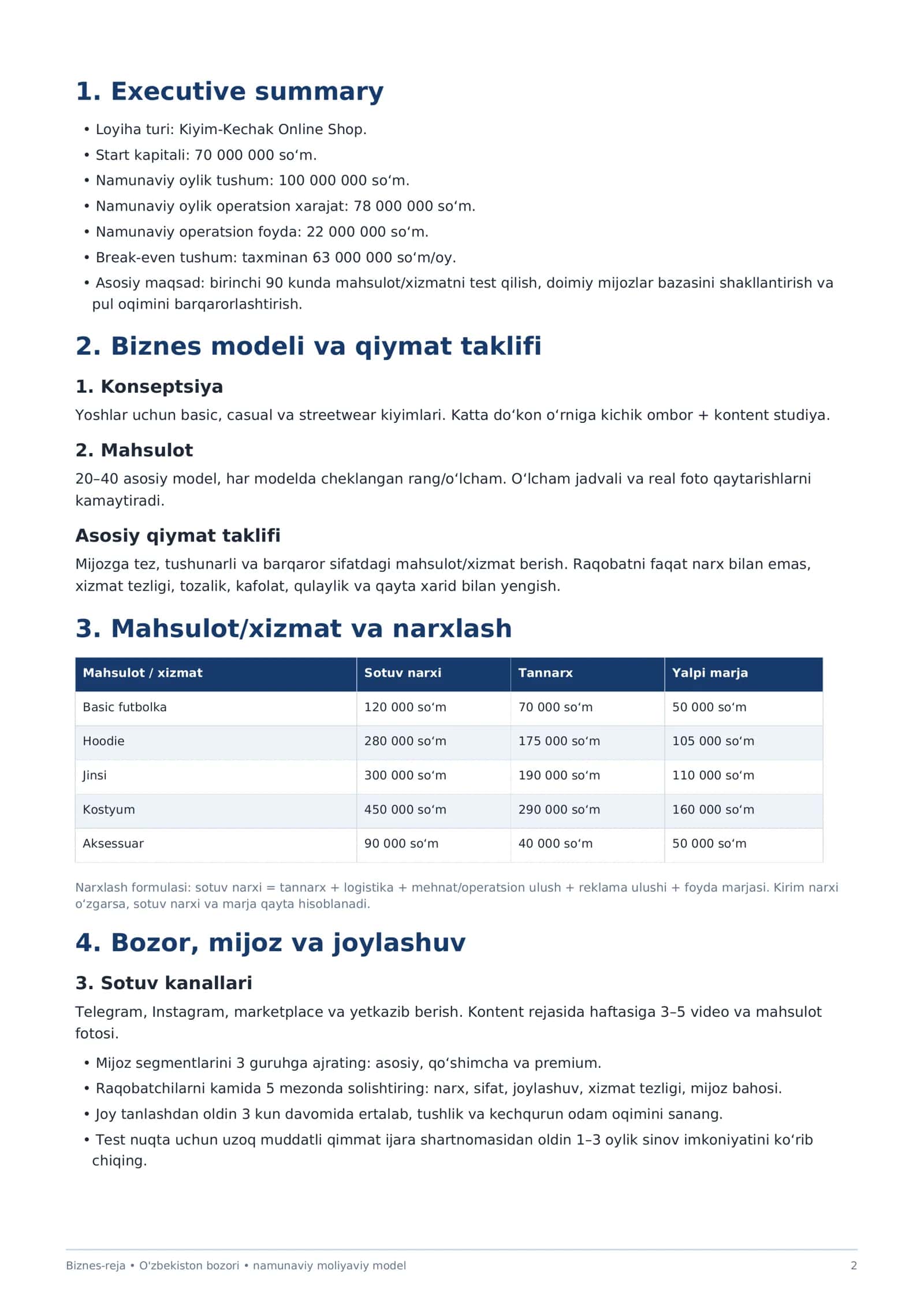 Mukammal KIYIM KECHAK biznes rejasi 2