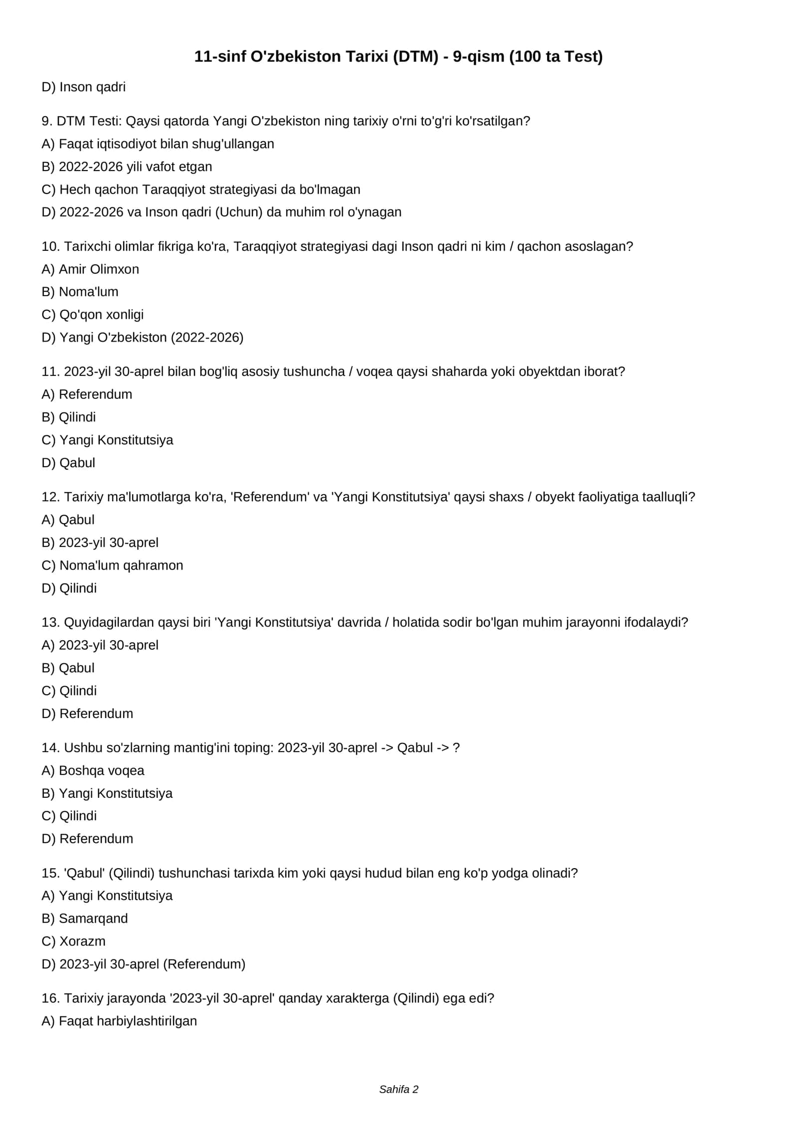 11-sinf O'zbekiston Tarixi (DTM) - 9-qism (100 ta Test) 2