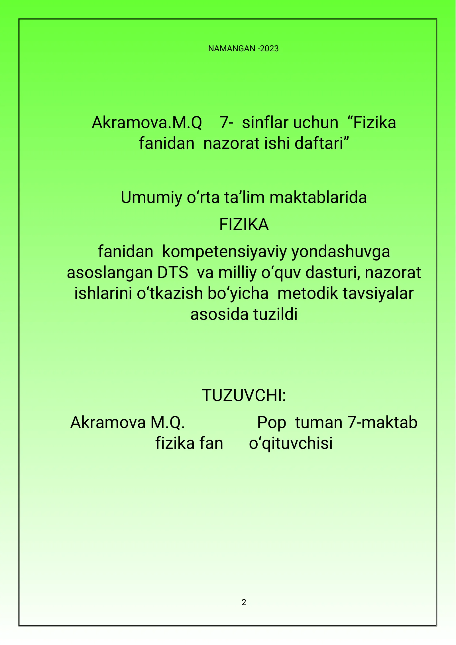 7-sinf Fizika fanidan nazorat ishi daftari 2