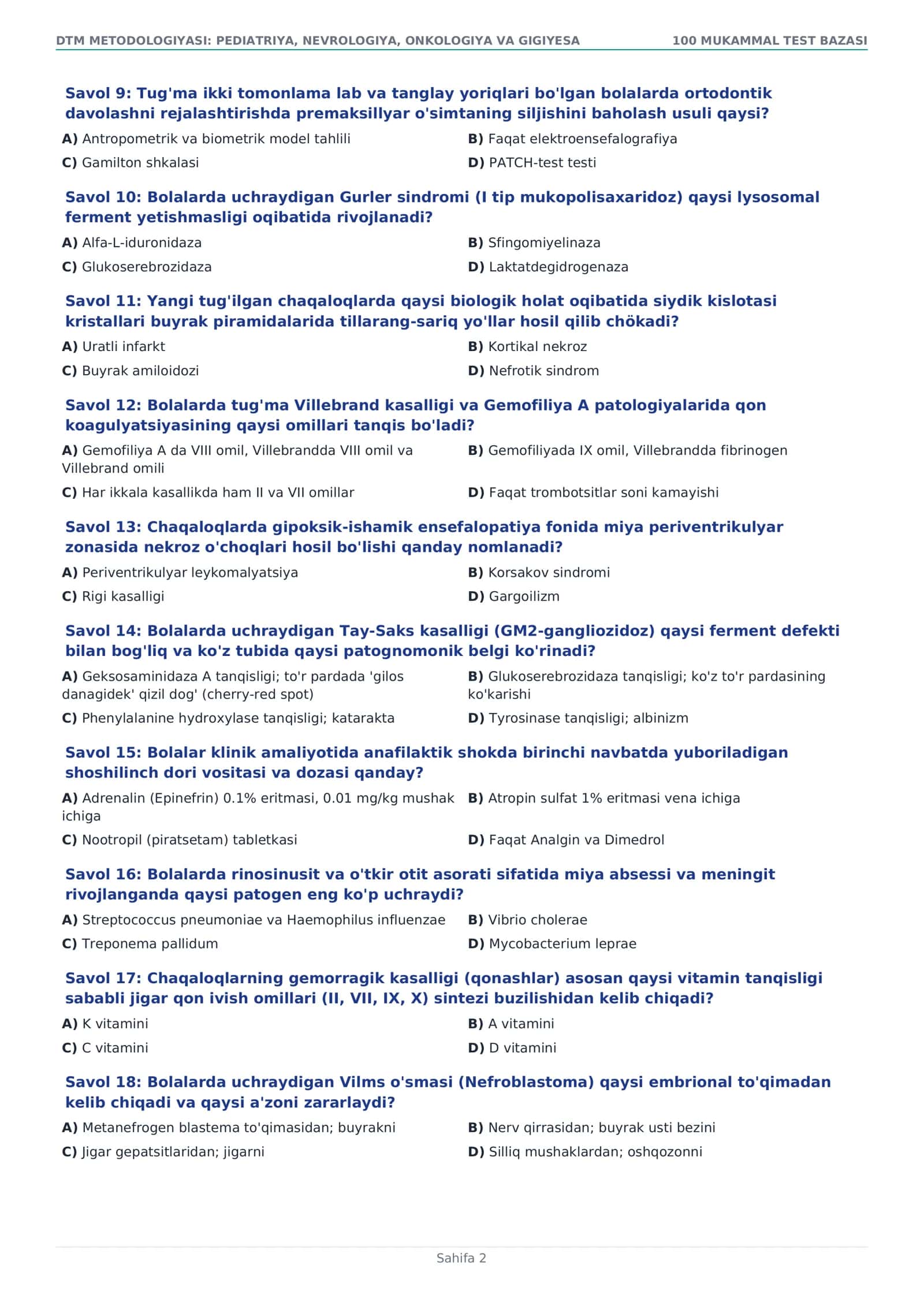 TIBBIYOT VA KLINIK STANDARTLAR BO'YICHA 100 TA MUKAMMAL DTM TESTLARI 2