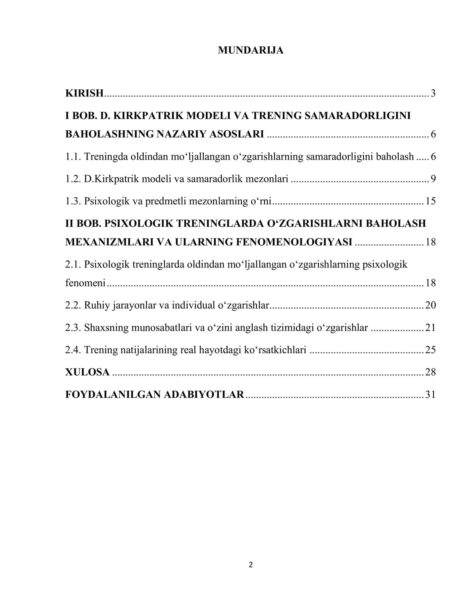 D. Kirkpatrik modeli. Trening samaradorligini baholashning 4 darajasi: reaksiya-assimilatsiya-xulq-atvor-natija 2