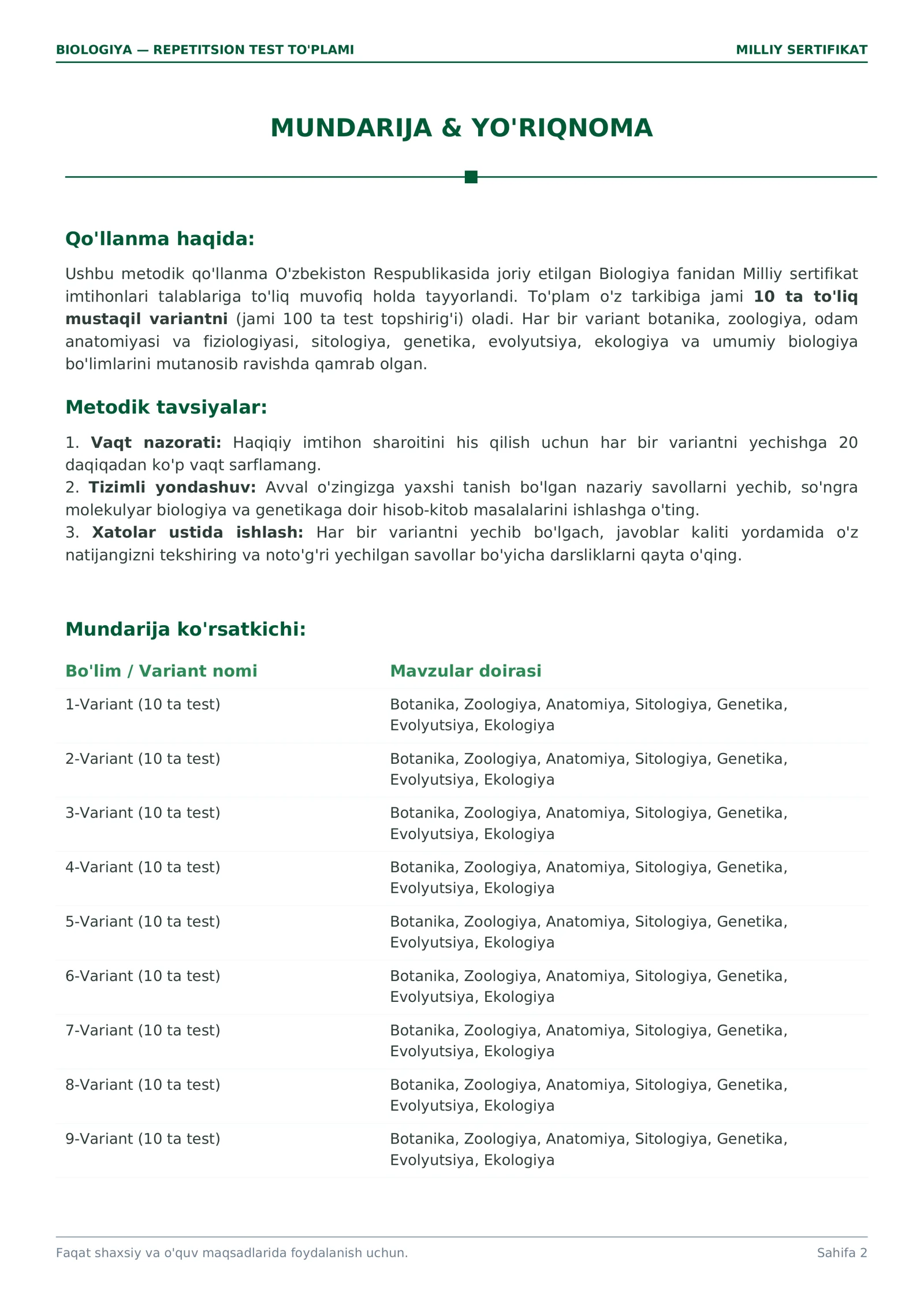 Biologiya — Milliy sertifikat uchun 10 ta repetitsion test varianti + javoblari 2