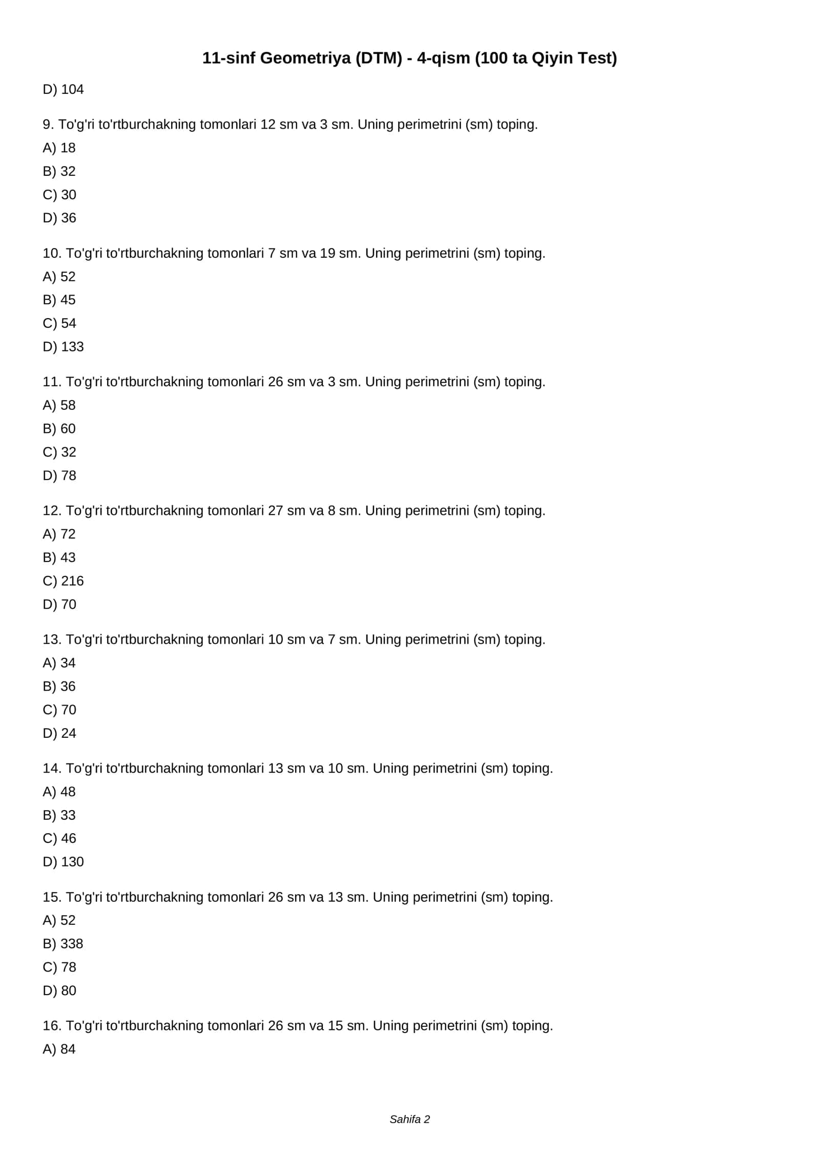 11-sinf Geometriya (DTM) - 4-qism (100 ta Qiyin Test) 2