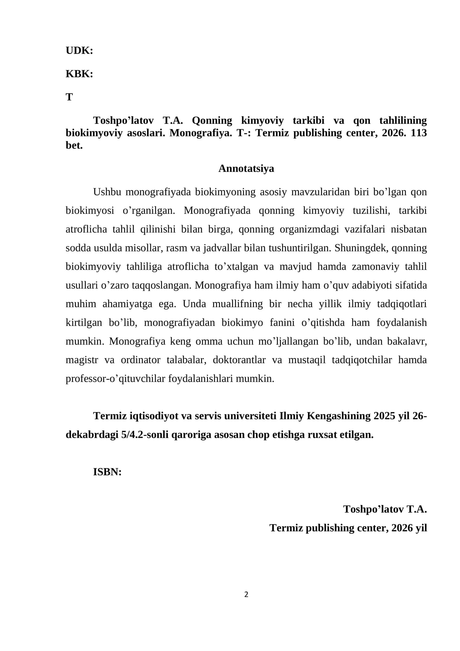 QON BIOKIMYOSI BO‘YICHA ZAMONAVIY TADQIQOTLAR 2