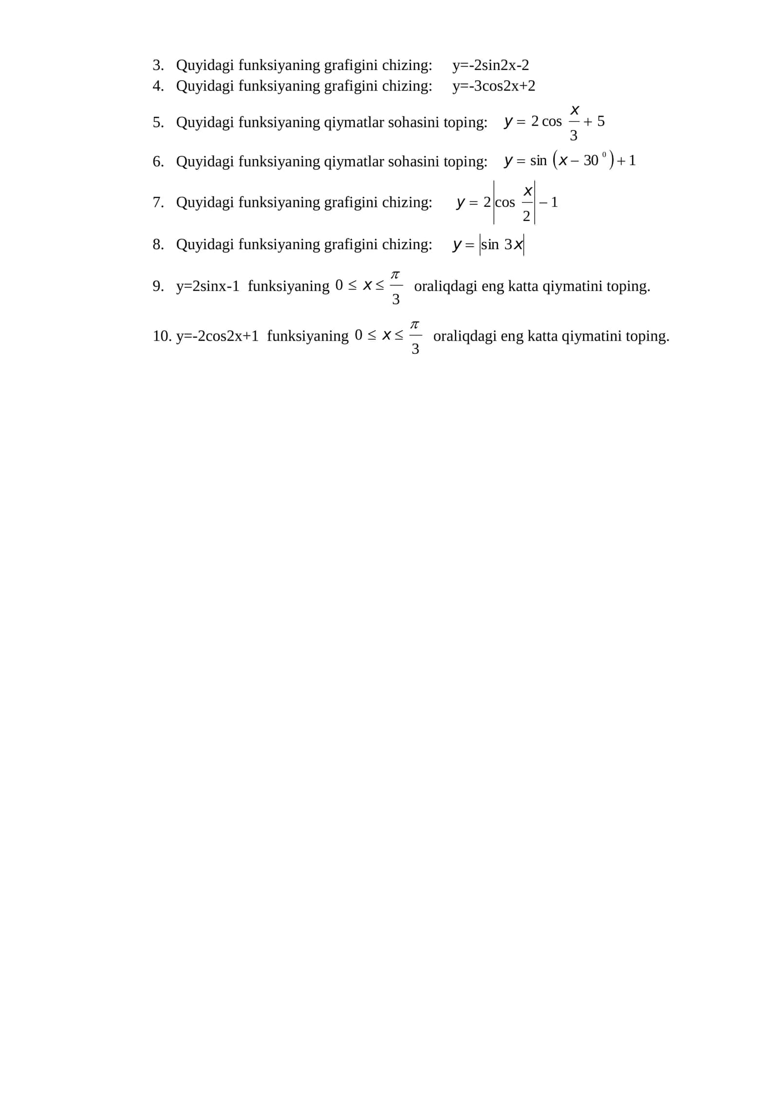 Algebra fanidan III chorakda 10-sinf o`quvchilariga taqdim etiladigan misol va masalalar ro`yhati 2