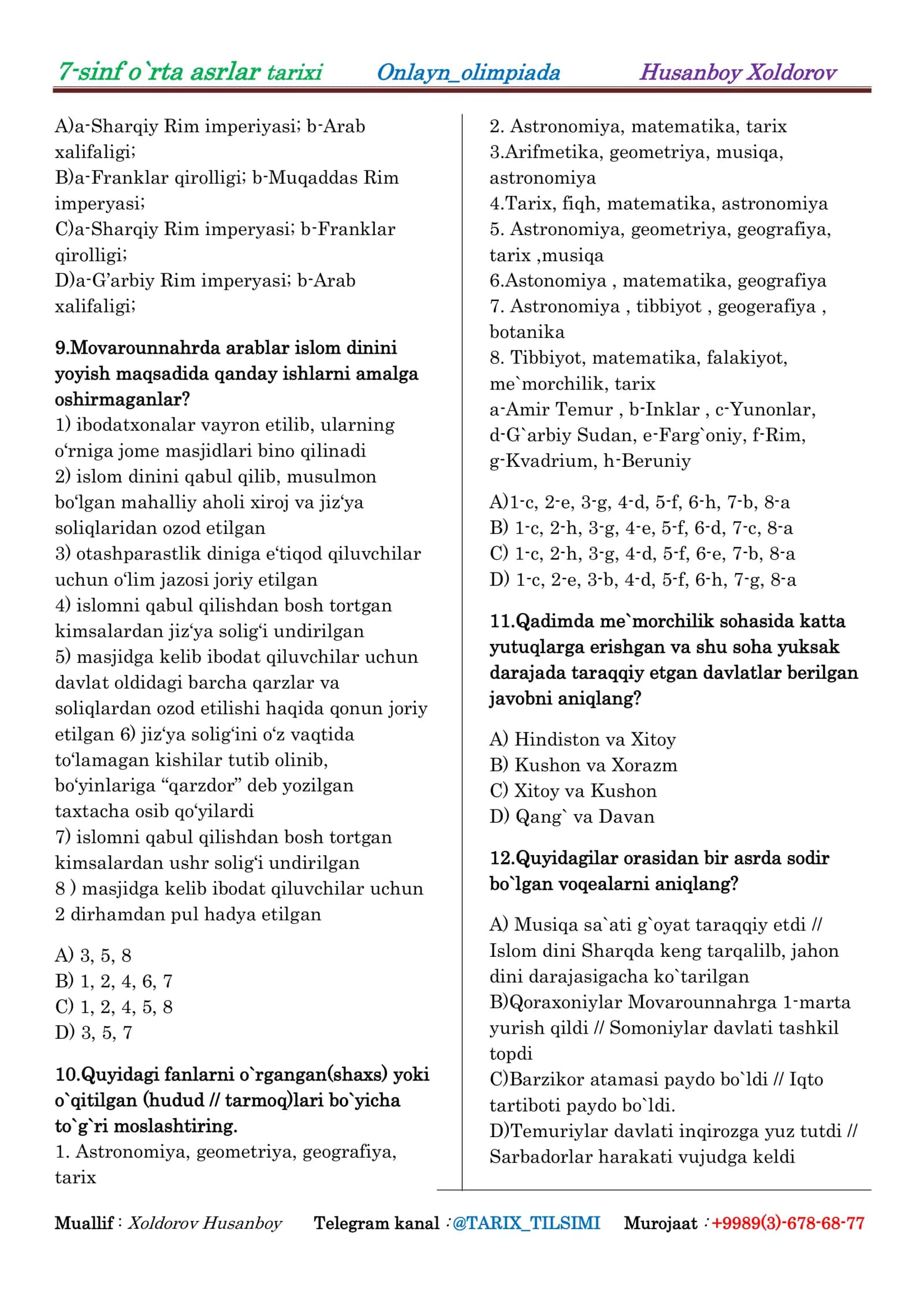 7-sinf o`rta asrlar tarixi Onlayn_olimpiada 2