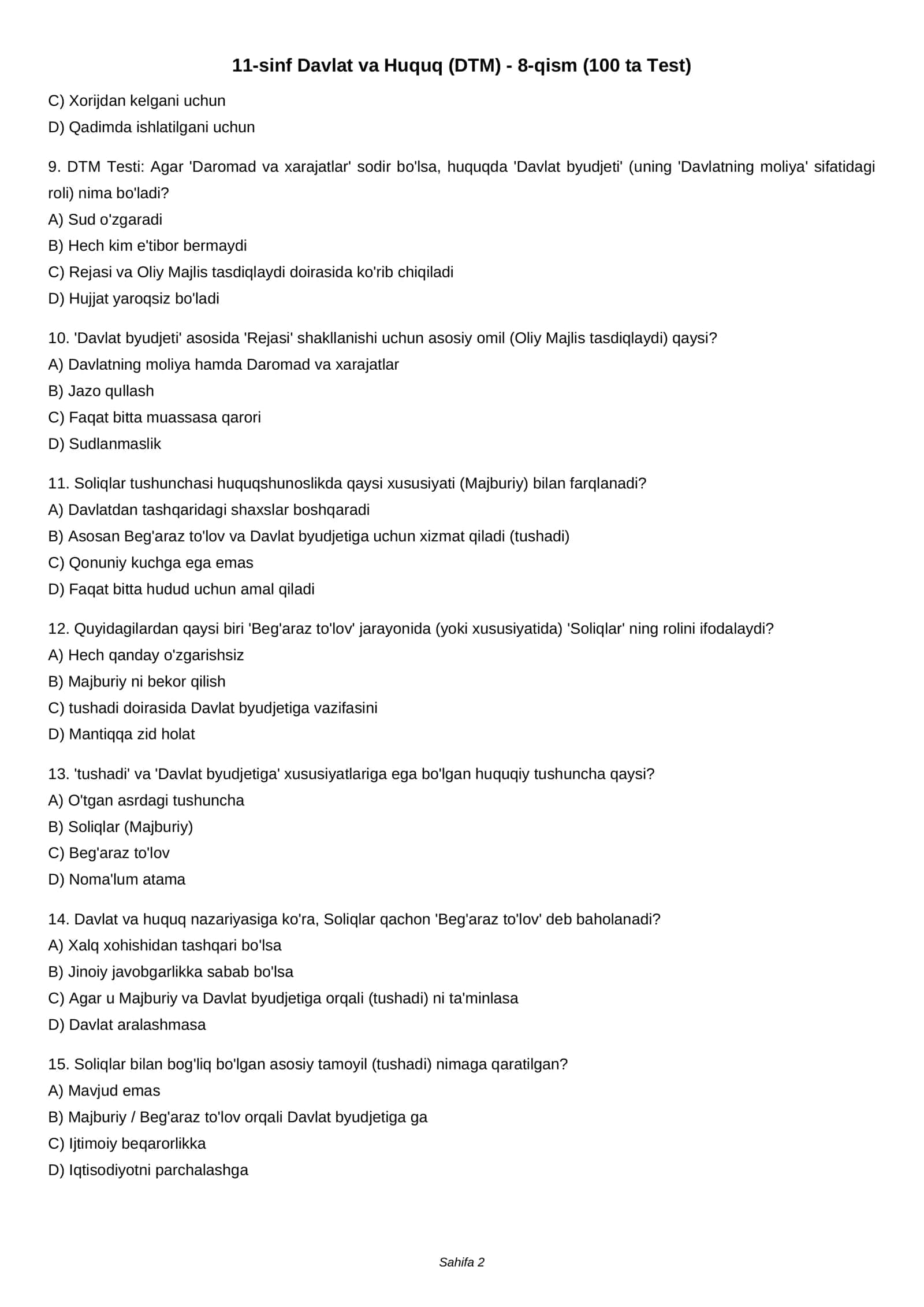 11-sinf Davlat va Huquq (DTM) - 8-qism (100 ta Test) 2