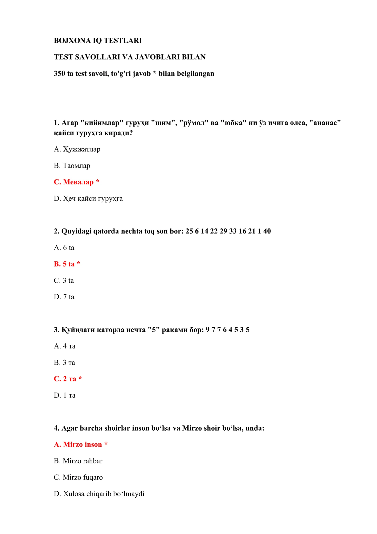 BOJXONA IQ TESTLARI 2