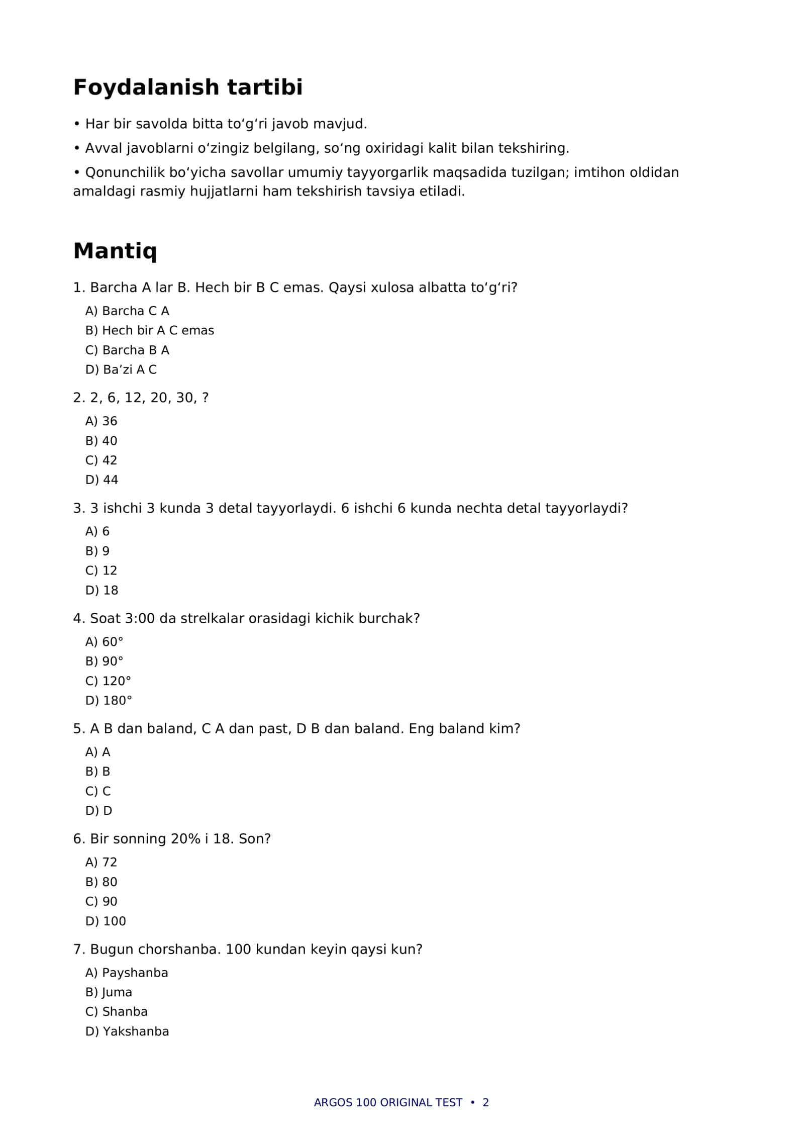 📚 ARGOS imtihoniga tayyorgarlik — 100 ta ORIGINAL test | Mantiq + Qonunchilik + IT 2