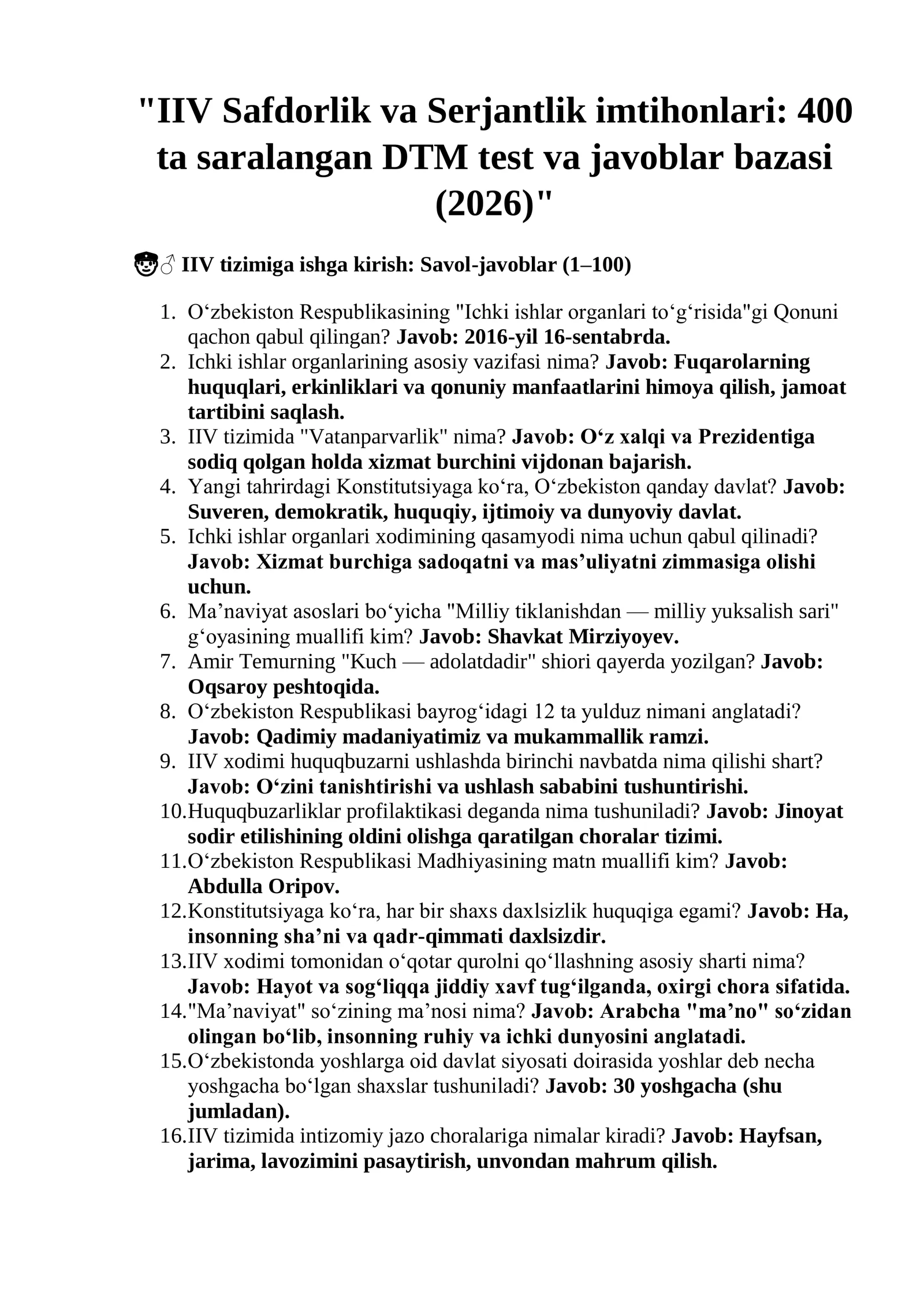 IIV Safdorlik va Serjantlik imtihonlari: 400 ta saralangan DTM test va javoblar bazasi (2026) 2