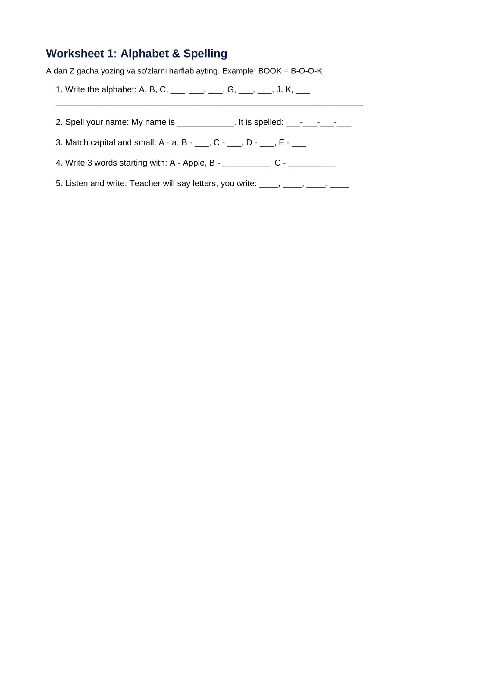 Beginner English Worksheets (ingiliz tili boshlangichalr uchun) 2