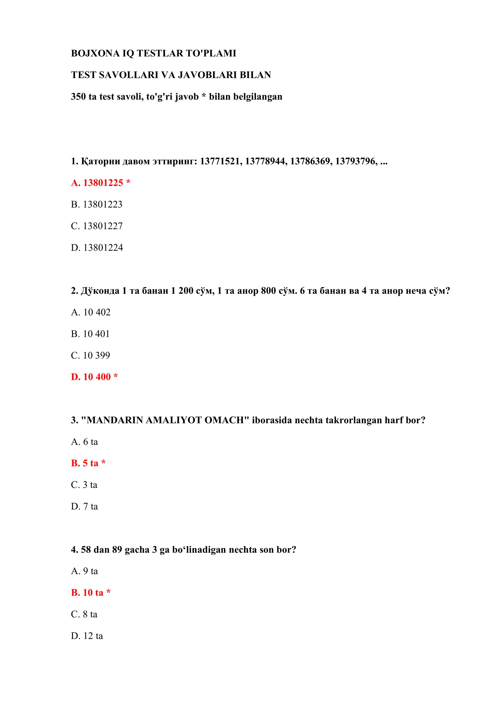 BOJXONA IQ TESTLAR TO'PLAMI 2