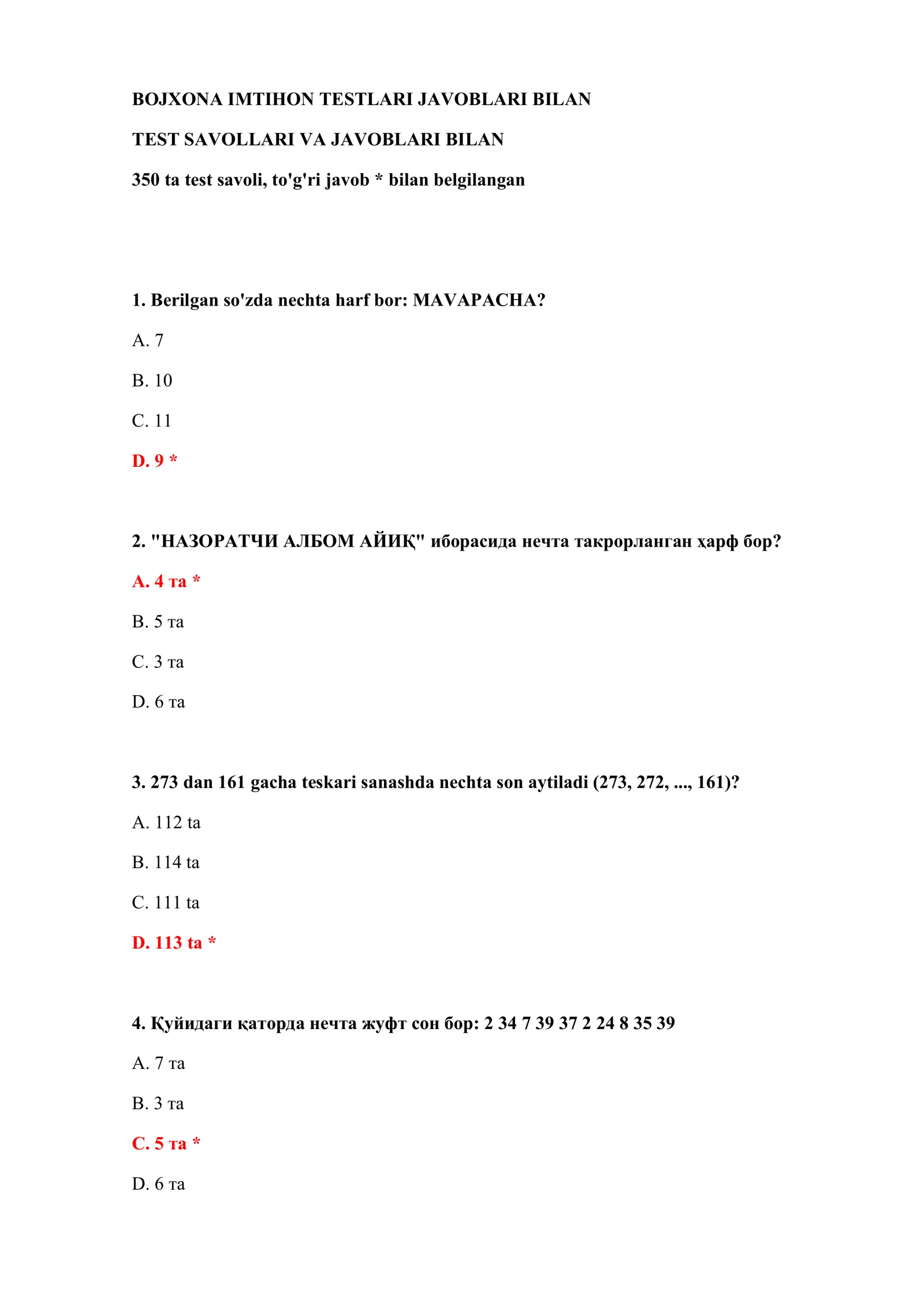 BOJXONA IMTIHON TESTLARI JAVOBLARI BILAN 2