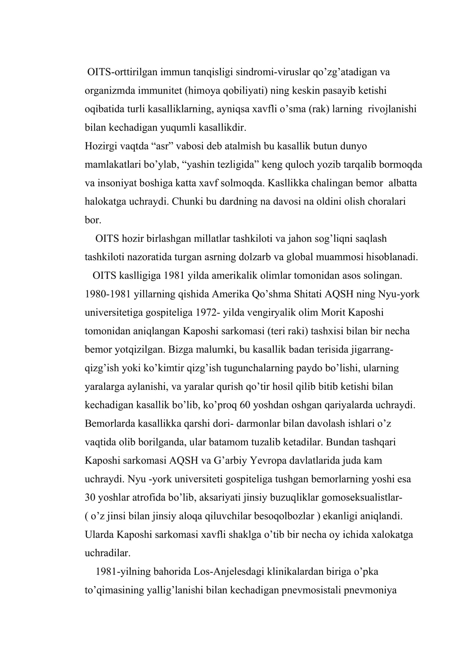 Orttirilgan immunitet tanqisligi sindromi (OITS) haqida ma’lumot. OITS ning klinik belgilari, tashxisi, davolash va oldini olish 2