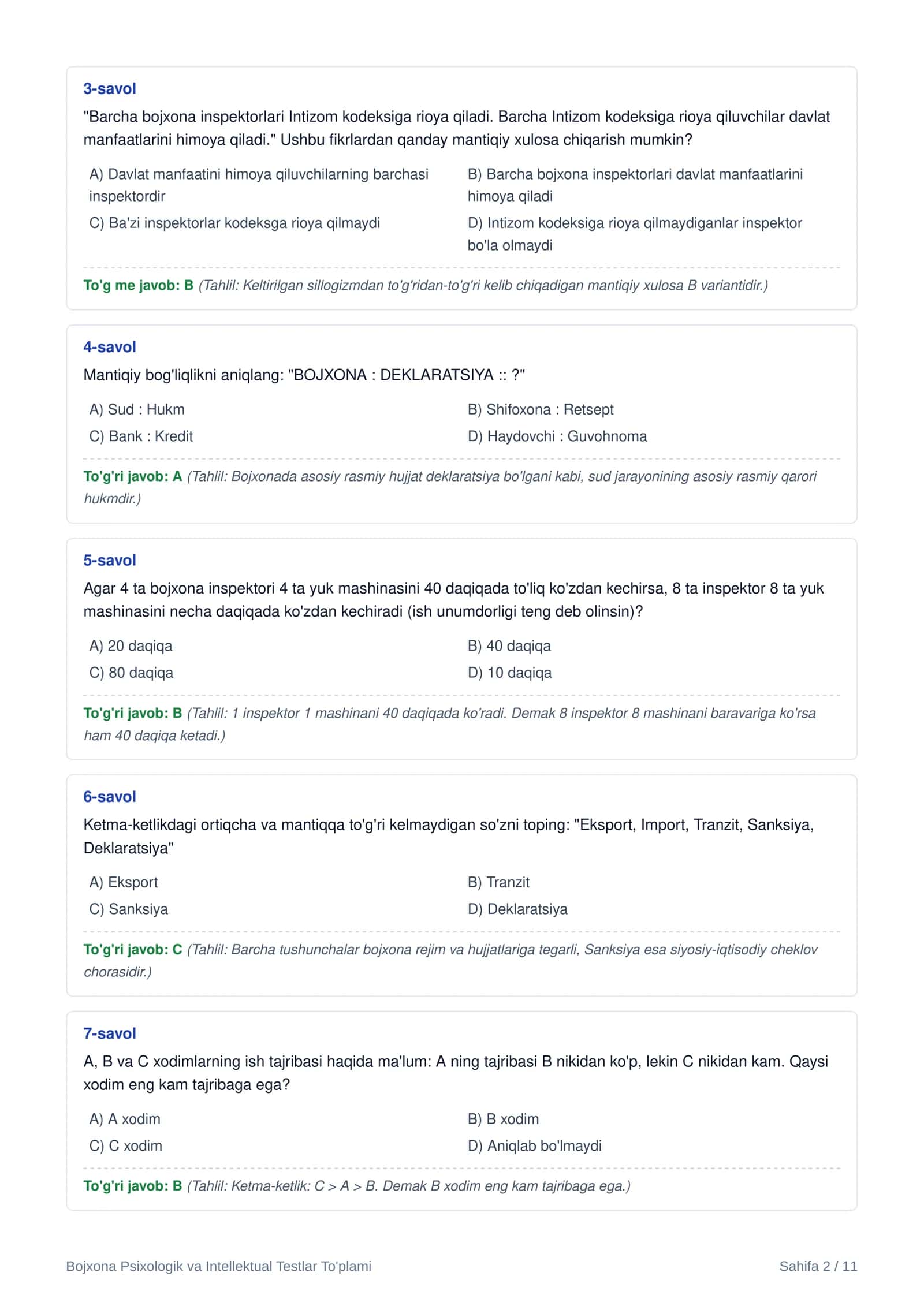 BOJXONA UCHUN MAXSUS PSIXOLOGIK VA INTELLEKTUAL TESTLAR TO'PLAMI 2